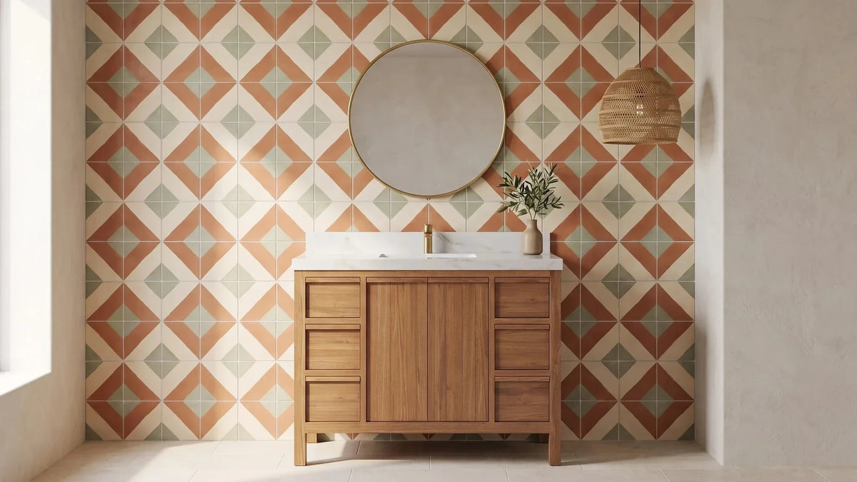 Why Busy Tile Backgrounds Clash with a Striking Teak Bathroom Vanity Grain - Willow Bath and Vanity