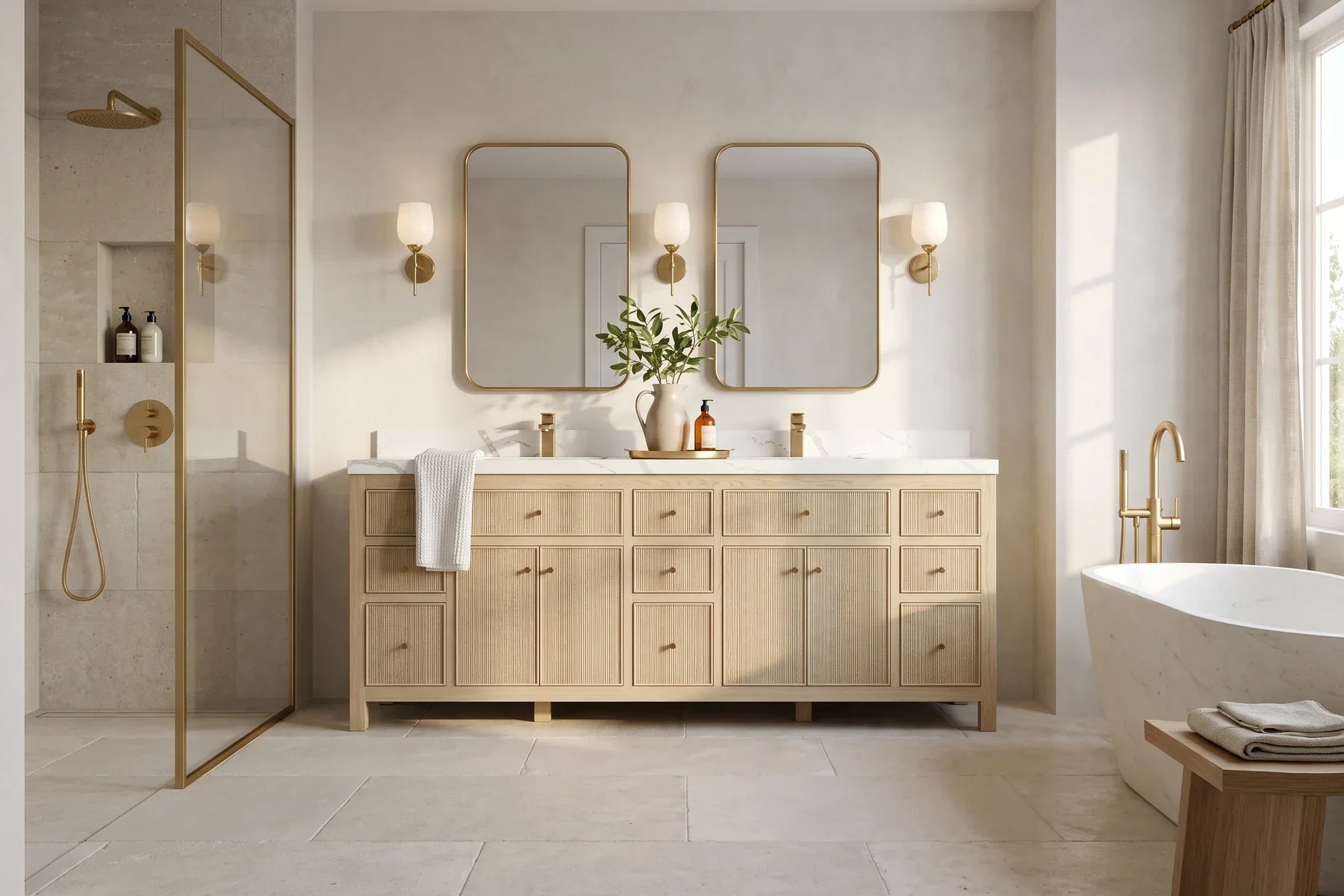 Sonoma 84-inch Nordic white oak double vanity in a light primary bathroom of plaster and pale limestone