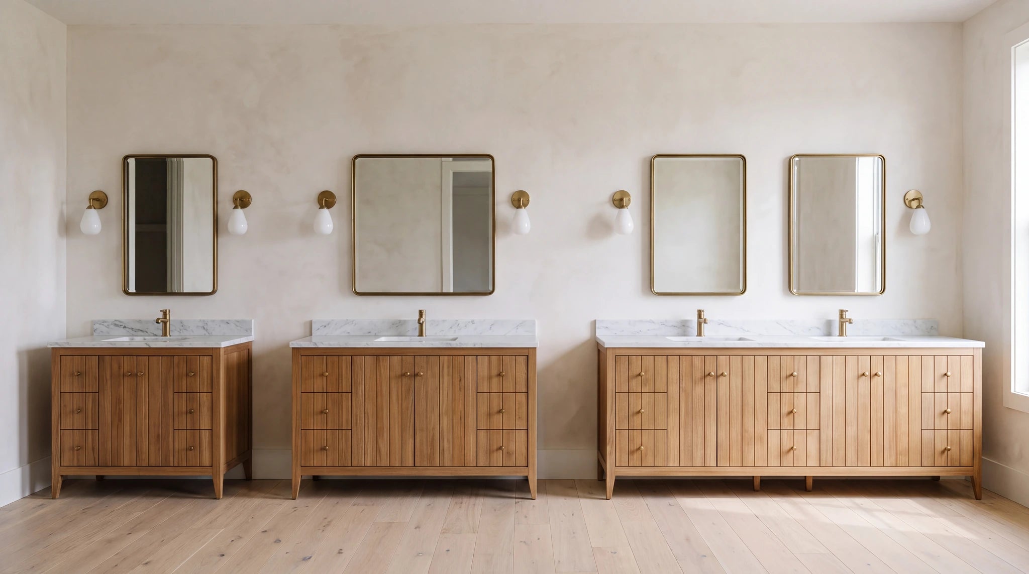 Three solid teak Willow bathroom vanities of the same model in three widths lined up along a limewashed wall, from a narrow single sink to a wide double sink, showing how vanity size compares