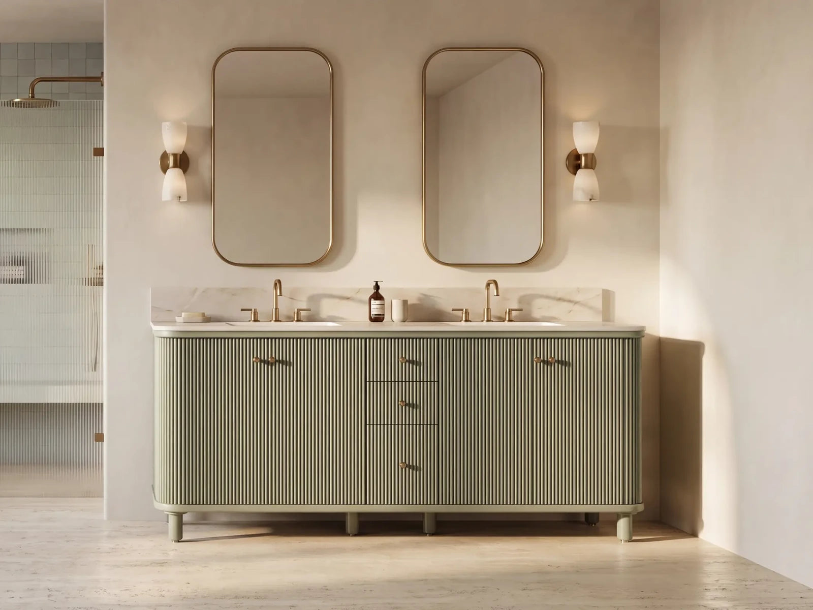 Miami 72 inch Evergreen double sink vanity in a warm organic modern primary bathroom