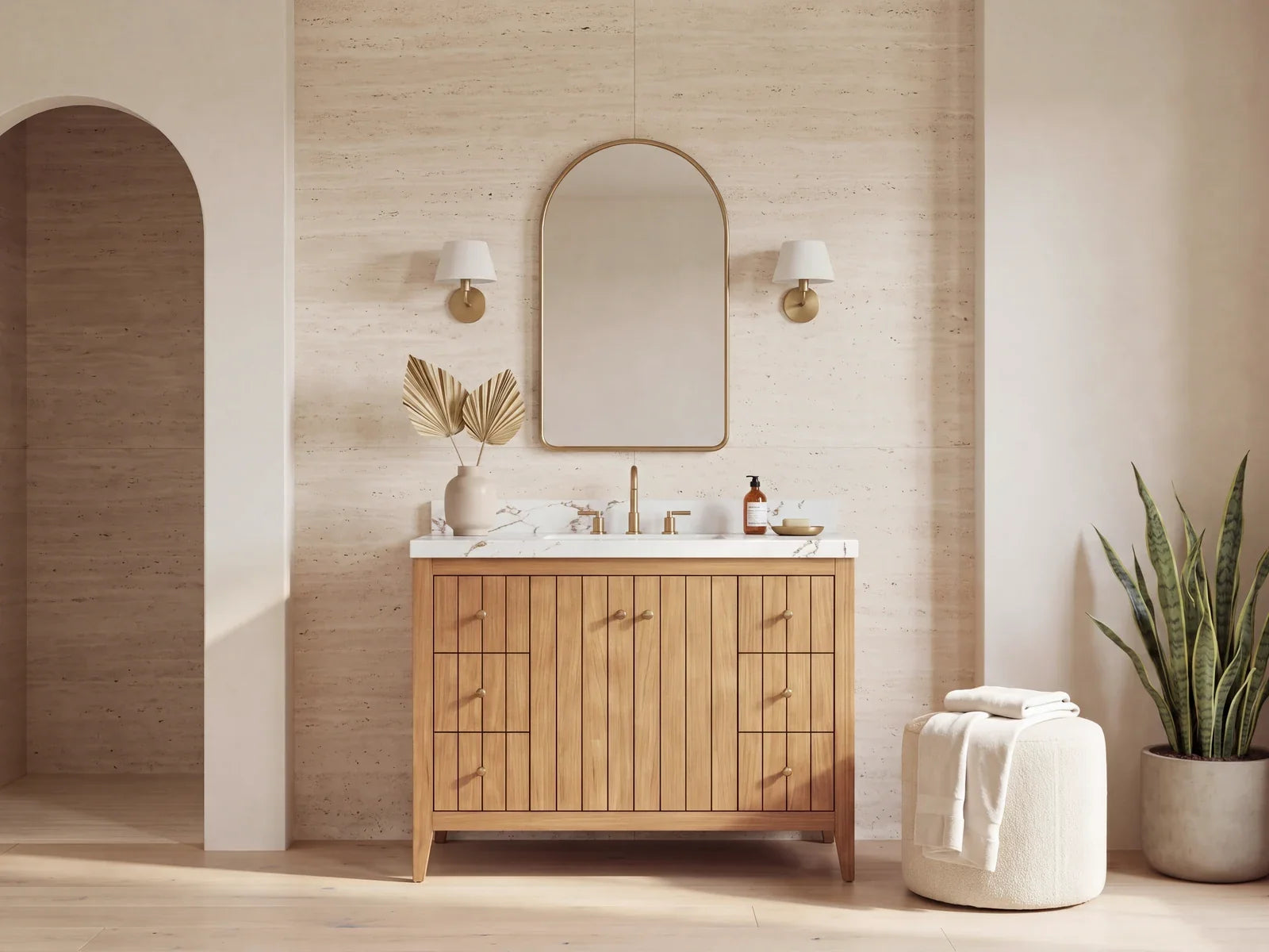 42-inch solid teak single-sink bathroom vanity in a warm neutral bathroom