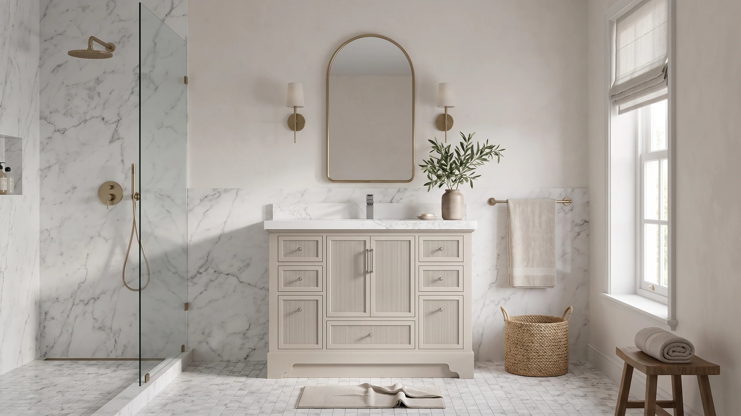 Alys 48 in. single sink vanity in Fine Grain Linen Beige in a marble bathroom