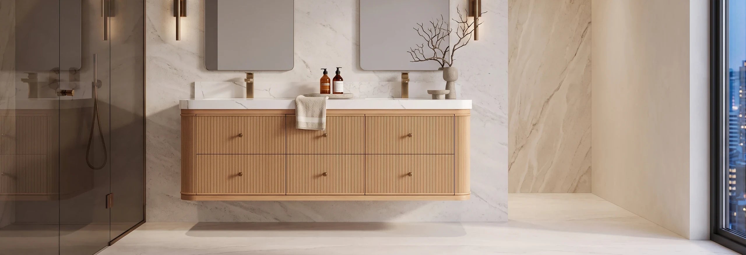 60-inch single-sink teak bathroom vanity with a light countertop