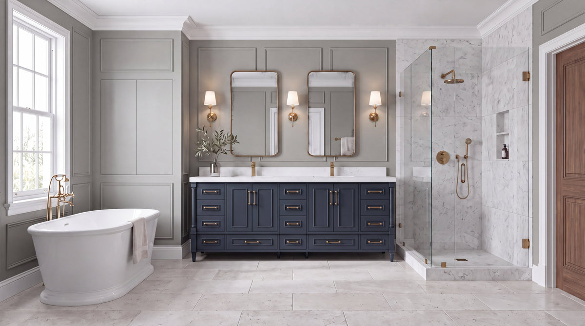 Aberdeen 84-inch Hale Navy double sink bathroom vanity in a Silver Sage Southern Georgian bathroom