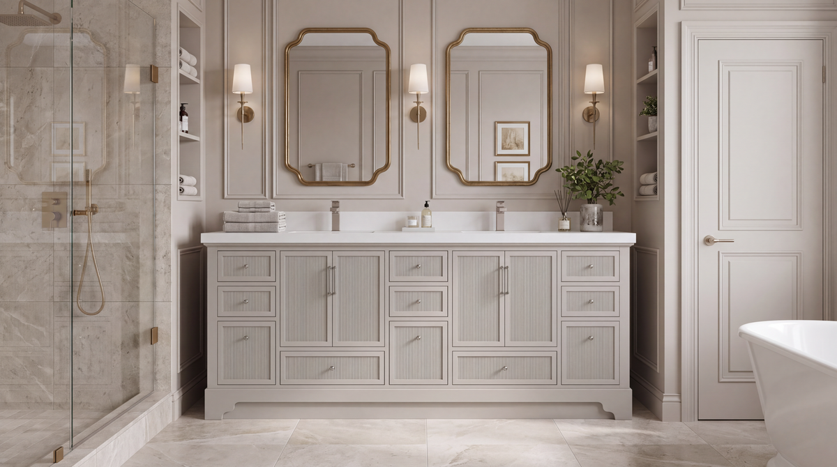 Alys 84-inch Fine Grain Linen Beige reeded double sink bathroom vanity in a warm luxury primary bathroom