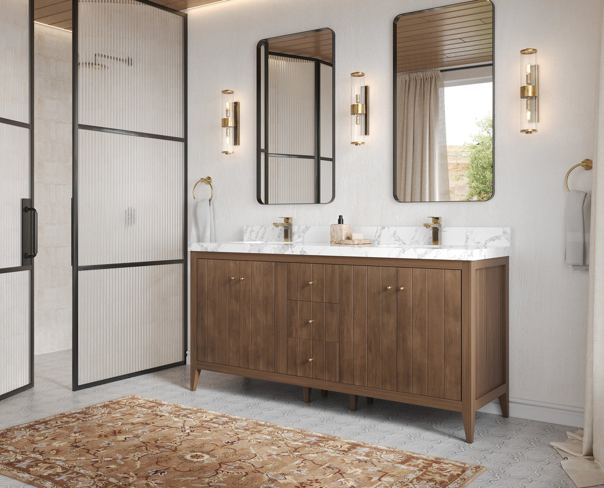 Atlanta dark natural teak beadboard double sink bathroom vanity with tapered legs and brushed brass hardware — Willow Bath and Vanity