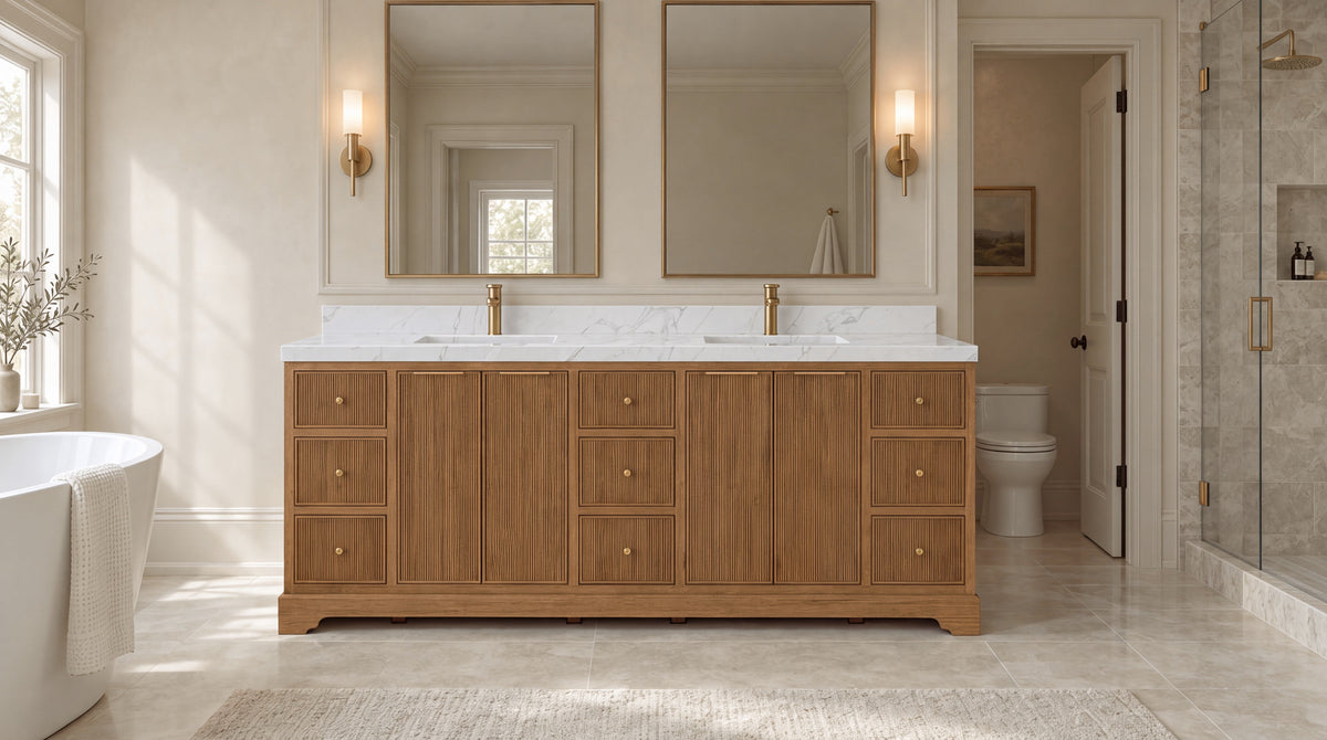 Austin 84-inch Dark Natural Teak reeded double sink bathroom vanity in a warm luxury primary bathroom
