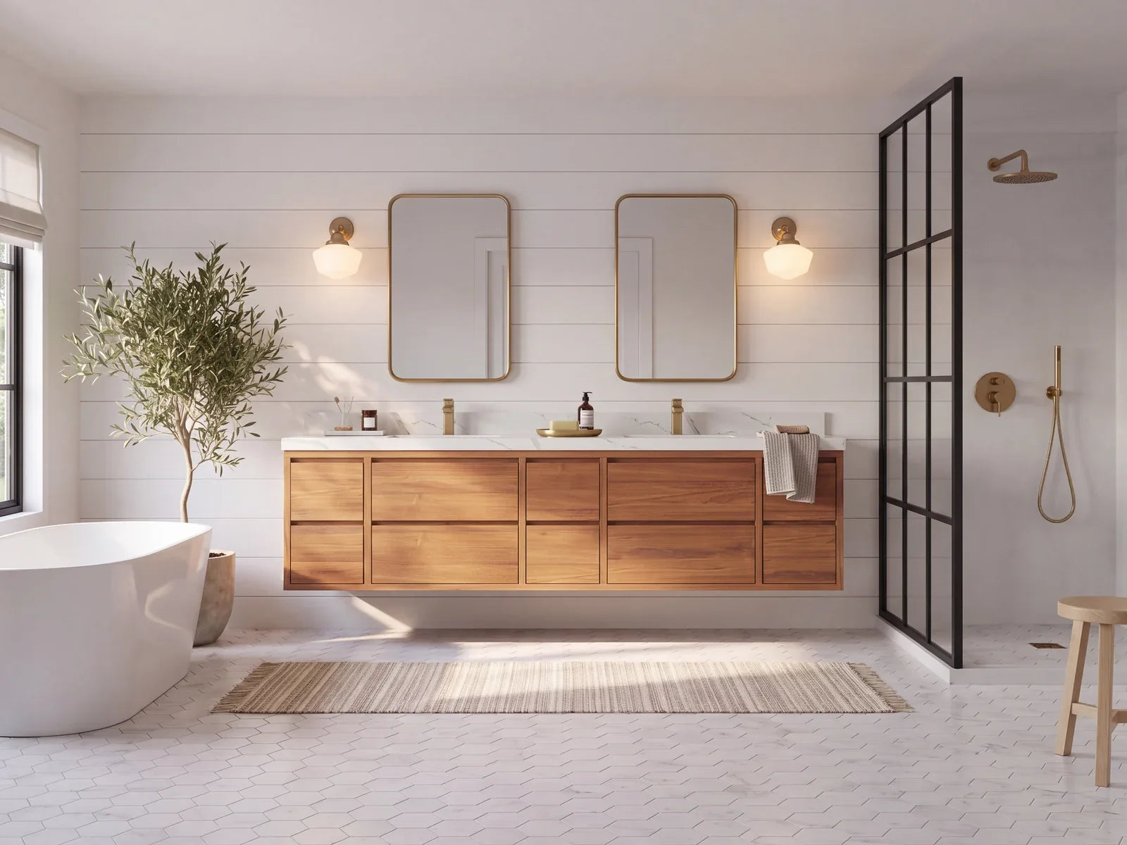 Best sellers — 84 inch Madison floating solid teak double vanity with a white quartz top and brass faucets