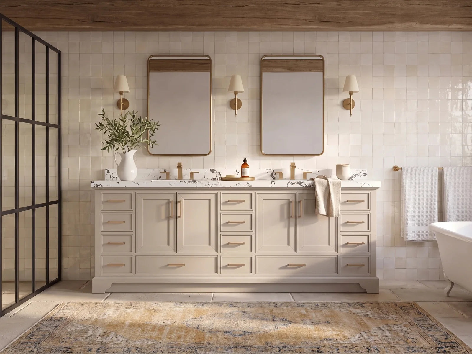 96-inch Charlotte double vanity in Fine Grain Linen Beige, collection tile