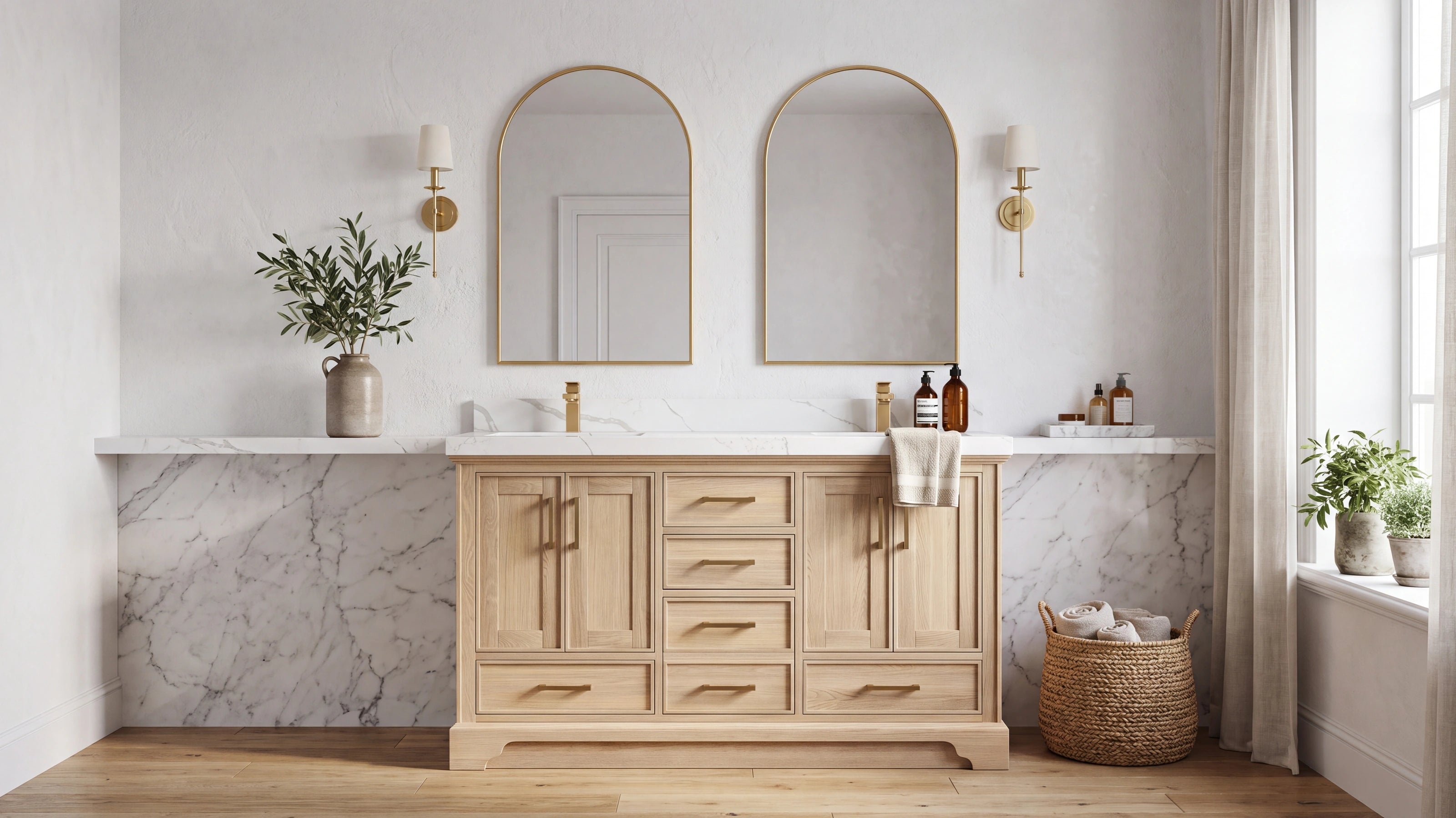 Charlotte slim shaker white oak double sink bathroom vanity with brushed brass hardware and Calacatta quartz top — Willow Bath and Vanity