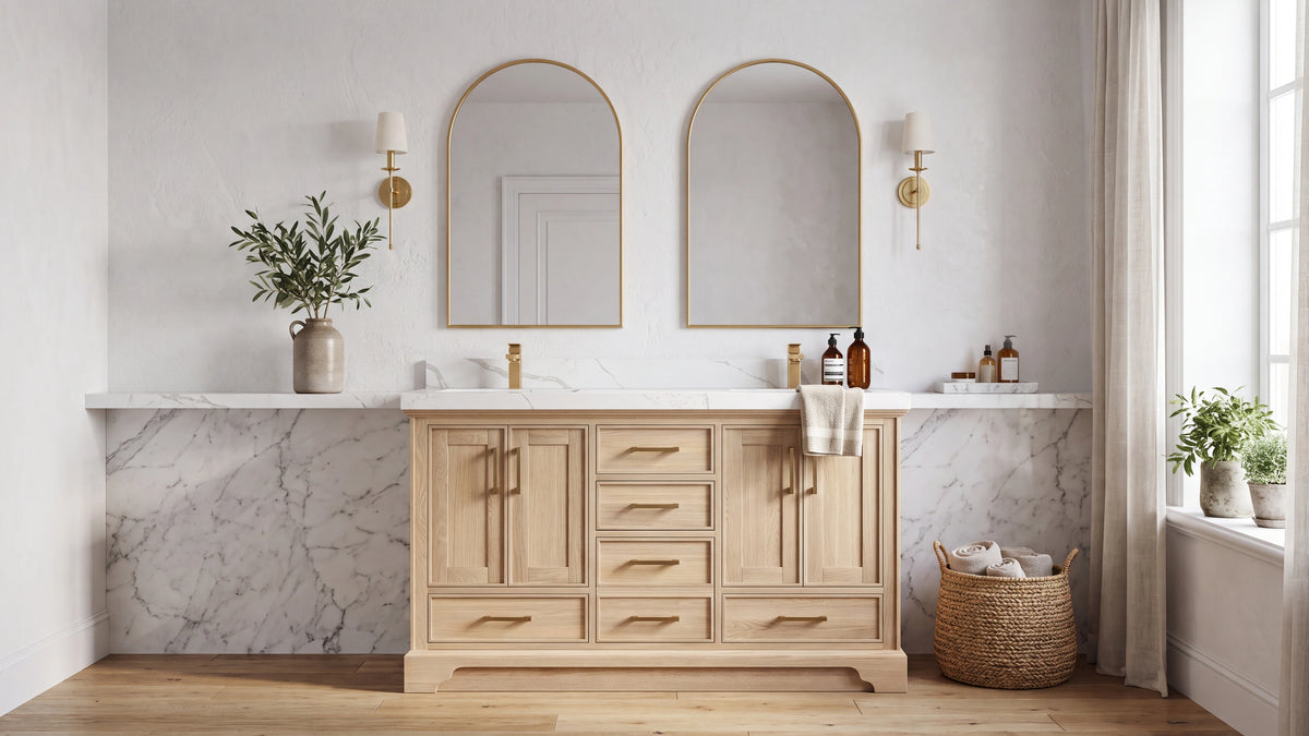 Charlotte white oak slim-shaker double vanity with brass hardware