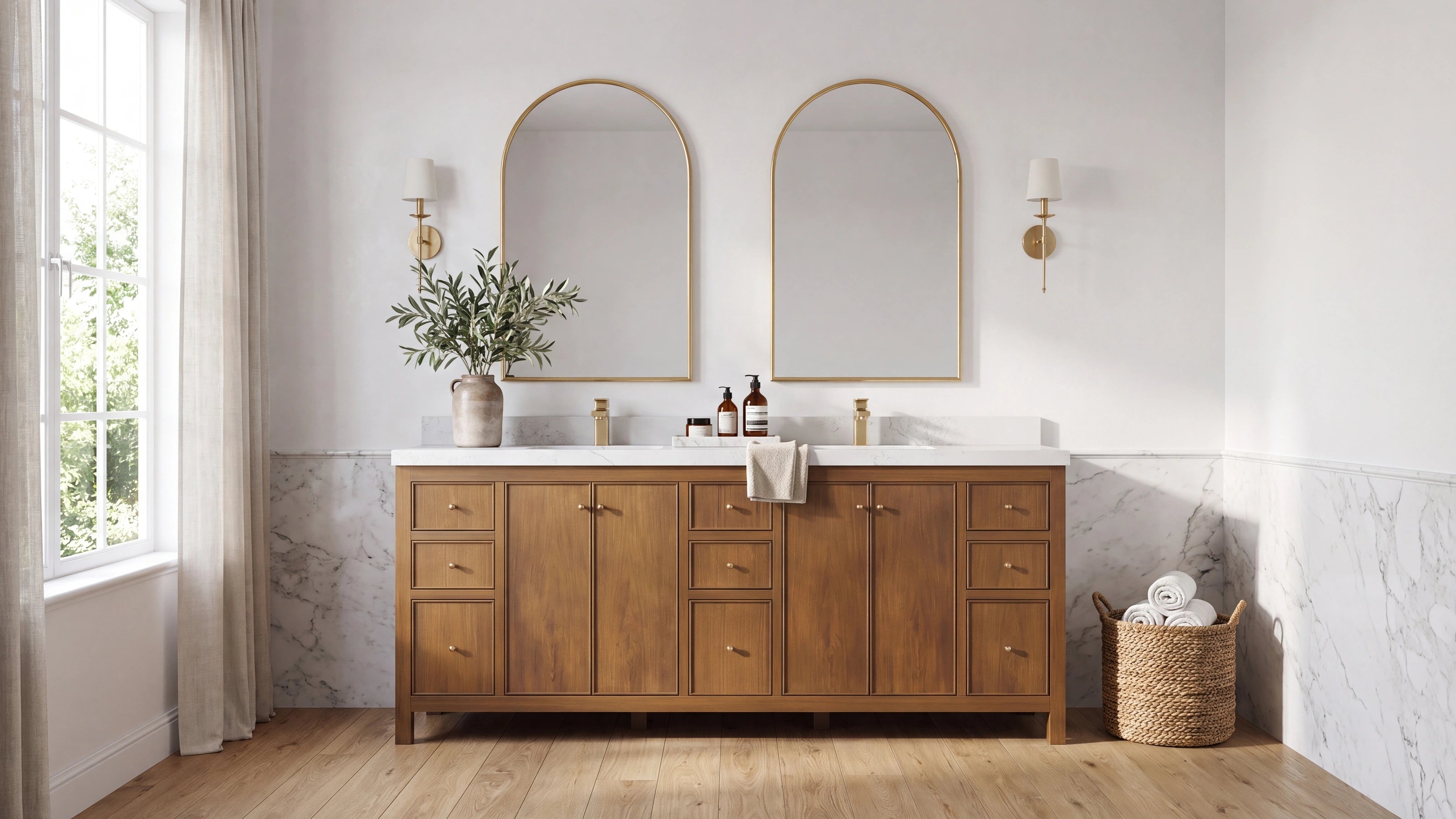 Chicago teak wood double sink bathroom vanity with brushed brass hardware and Calacatta quartz top — Willow Bath and Vanity