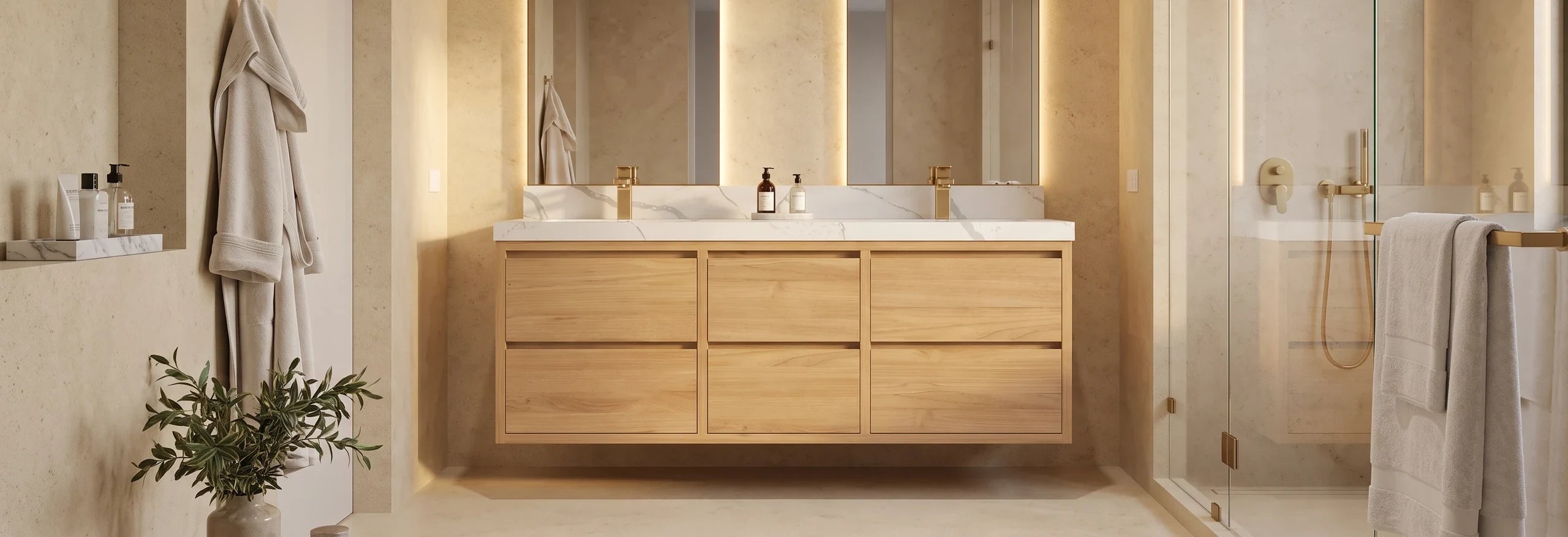 Madison Floating Teak 60 in. double sink vanity in Light Natural Teak, wall-mounted in a boutique hotel bathroom