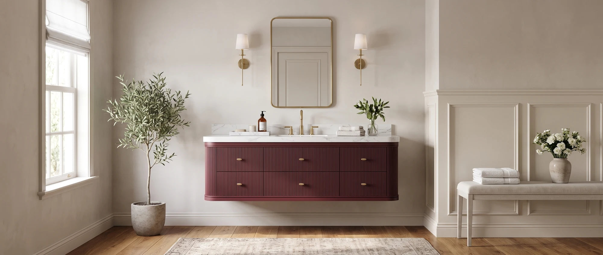 Single floating bathroom vanities — wall-mounted burgundy reeded Hampton floating vanity with brushed brass fixtures and marble top