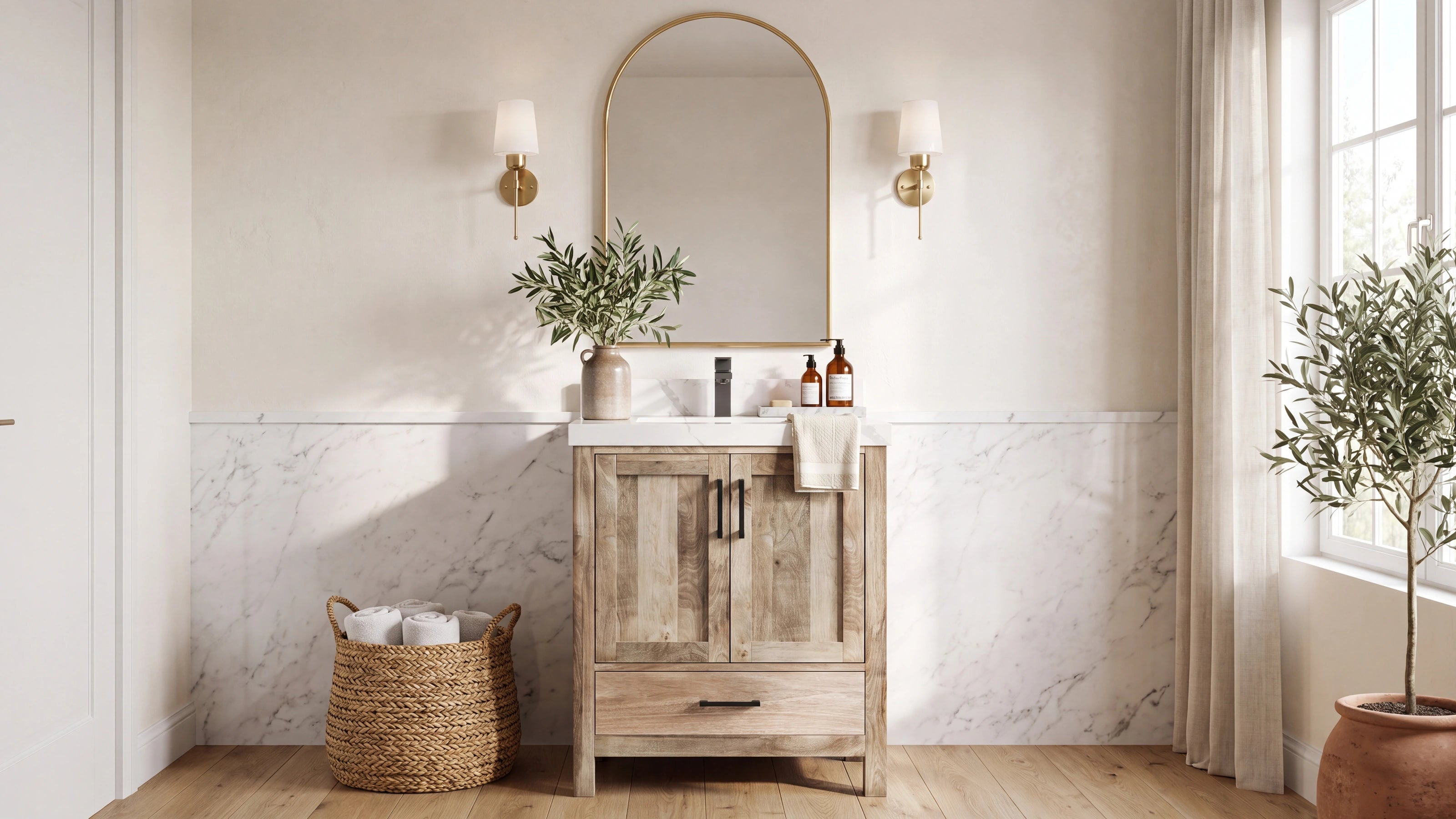 Malibu rustic natural mango wood single sink bathroom vanity with matte black hardware and quartz top — Willow Bath and Vanity