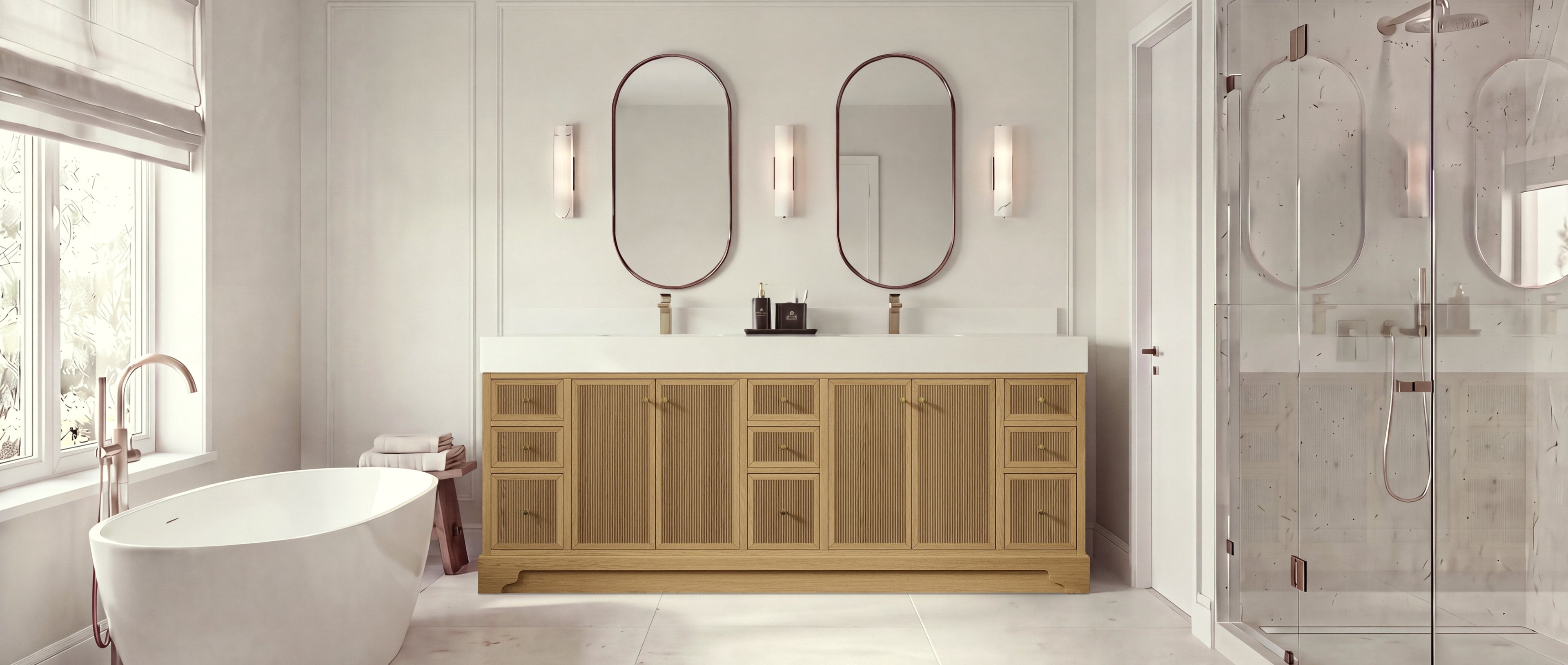 Manhattan 84-inch White Oak double sink bathroom vanity with thick white quartz countertop in a warm luxury primary bathroom