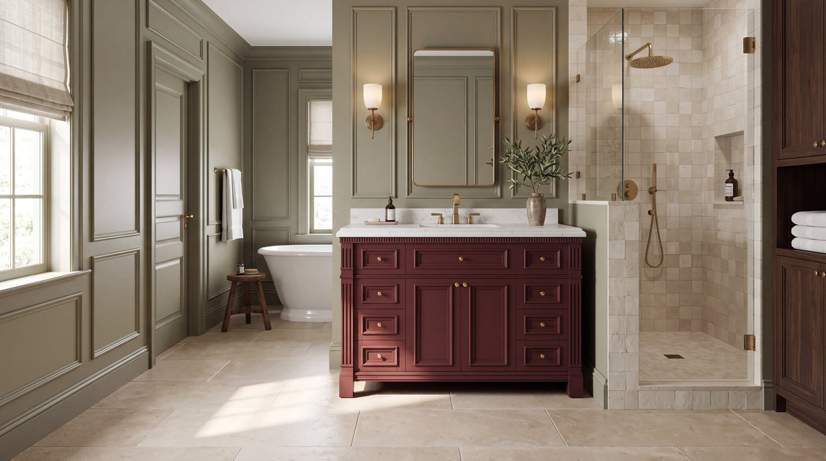 Paris 48-inch Burgundy single sink bathroom vanity with white quartz countertop in an olive Georgian luxury bathroom
