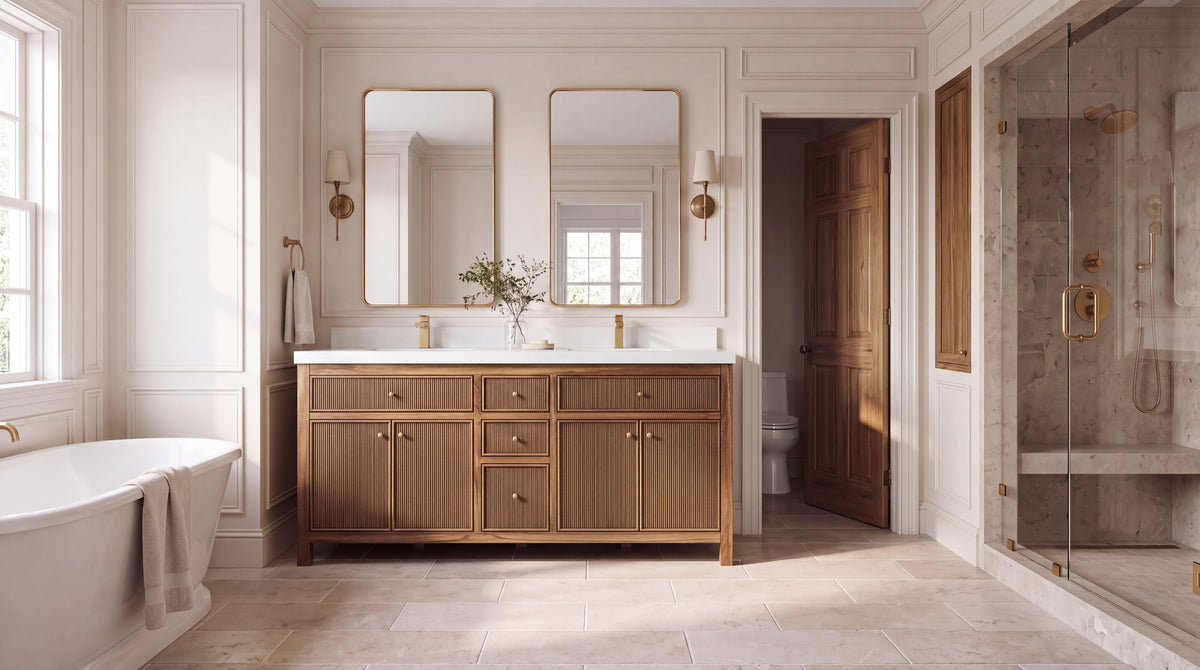 Sonoma 72-inch Dark Natural Teak reeded double sink bathroom vanity in a warm Georgian luxury bathroom