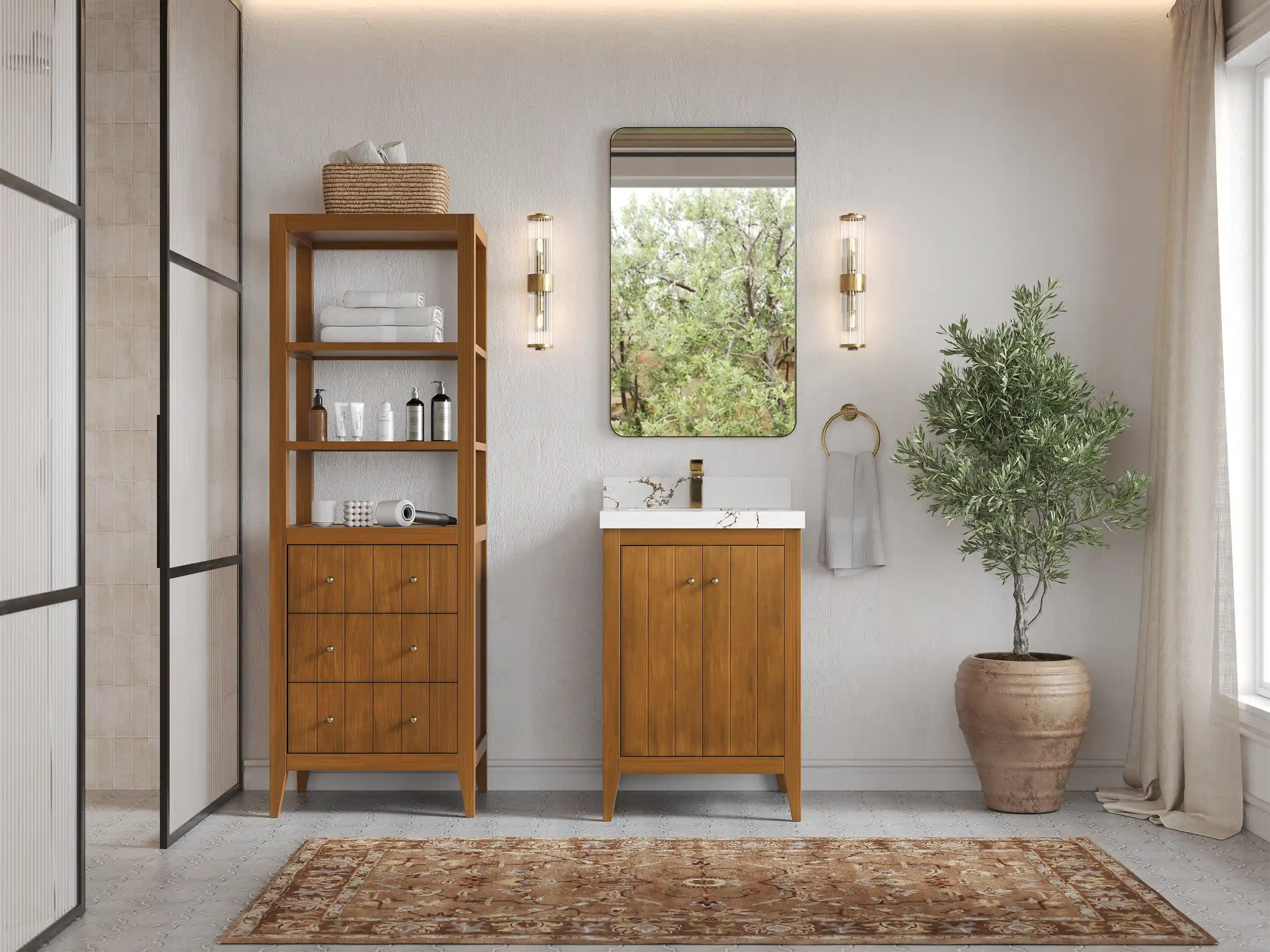 Atlanta Teak Wood 24-inch bathroom vanity with matching linen cabinet, front bathroom view