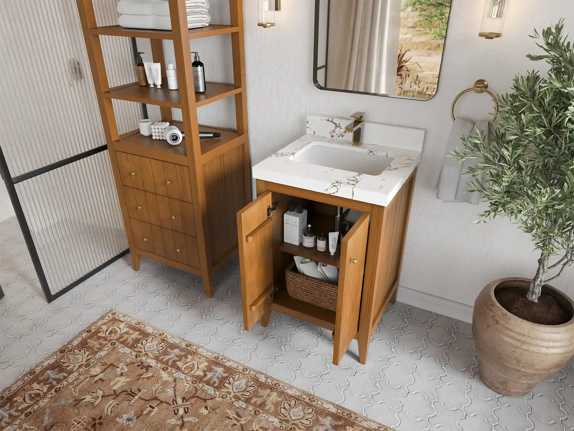 Atlanta Teak Wood 24-inch bathroom vanity with matching linen cabinet, doors open to show storage