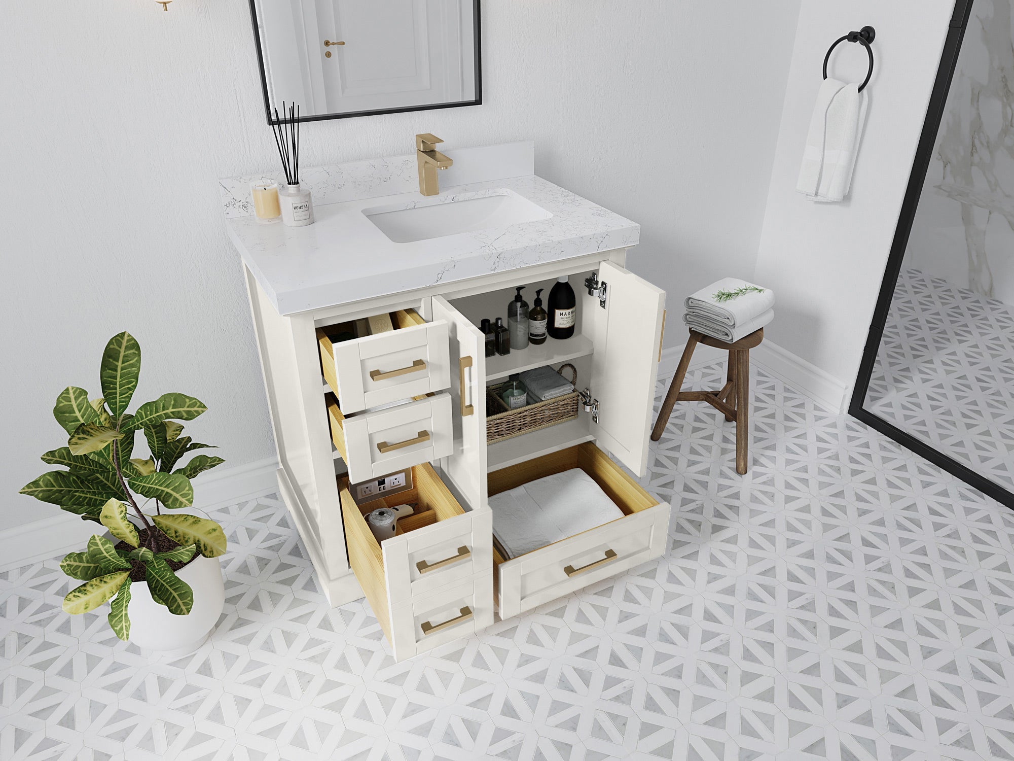 Boston 36 in. W x 22 in. D Single Sink Bathroom Vanity in Alabaster with Countertop - Full View
