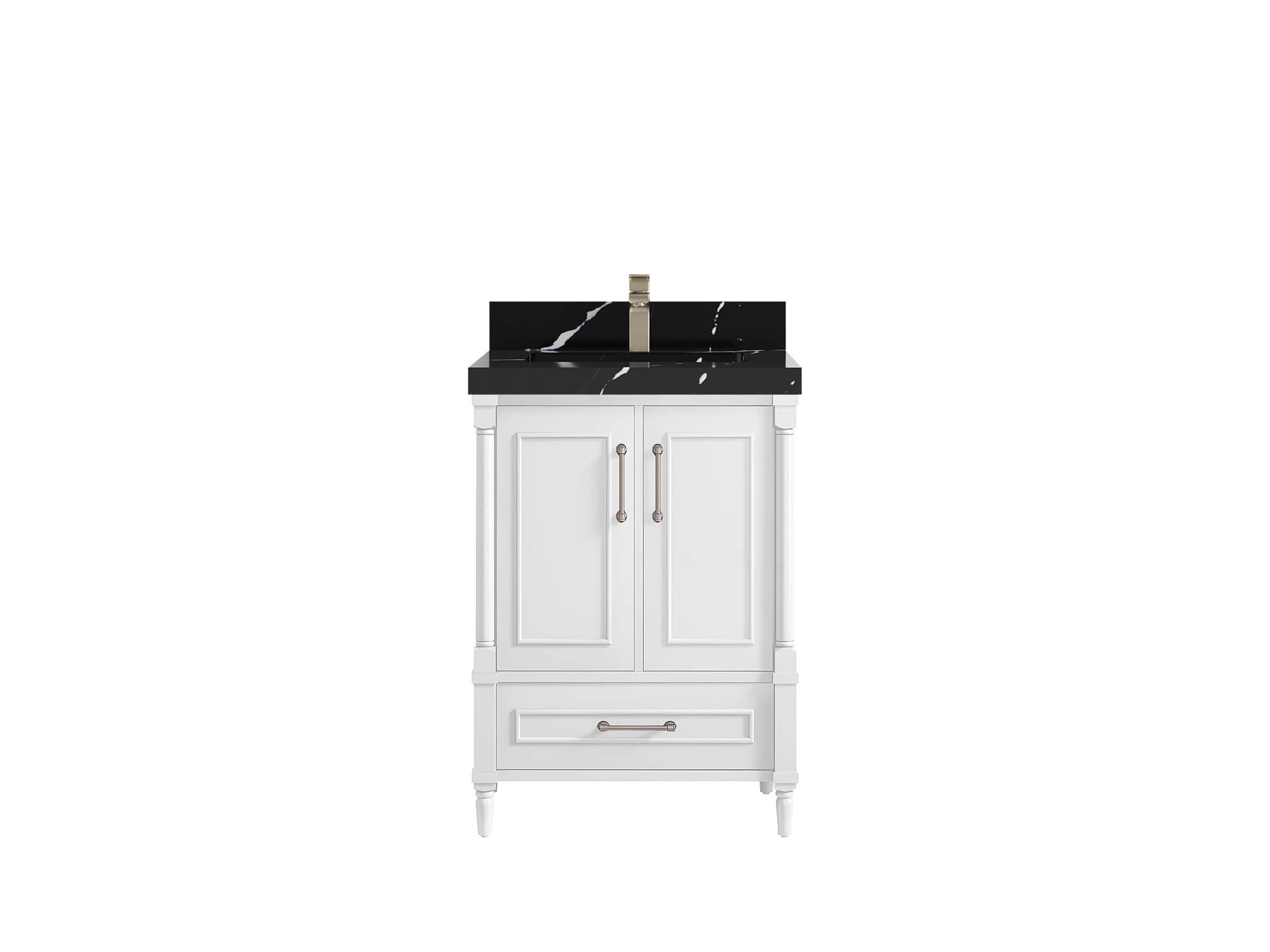 Aberdeen 24-inch bathroom vanity in White with Calacatta Black Quartz countertop, faucet view