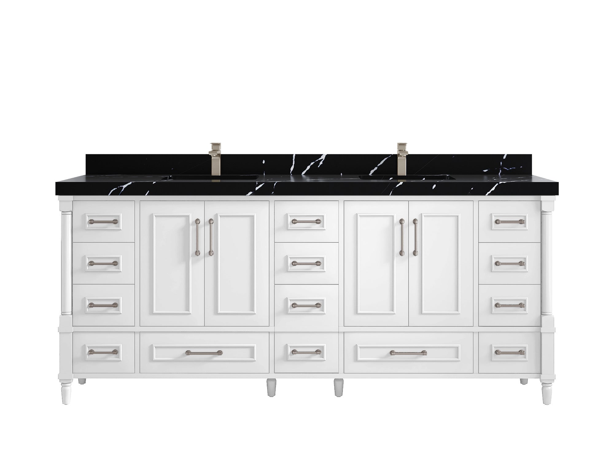Aberdeen 80 in. W x 22 in. D Double Sink Bathroom Vanity in White with 2 in. Calacatta Black Quartz Countertop