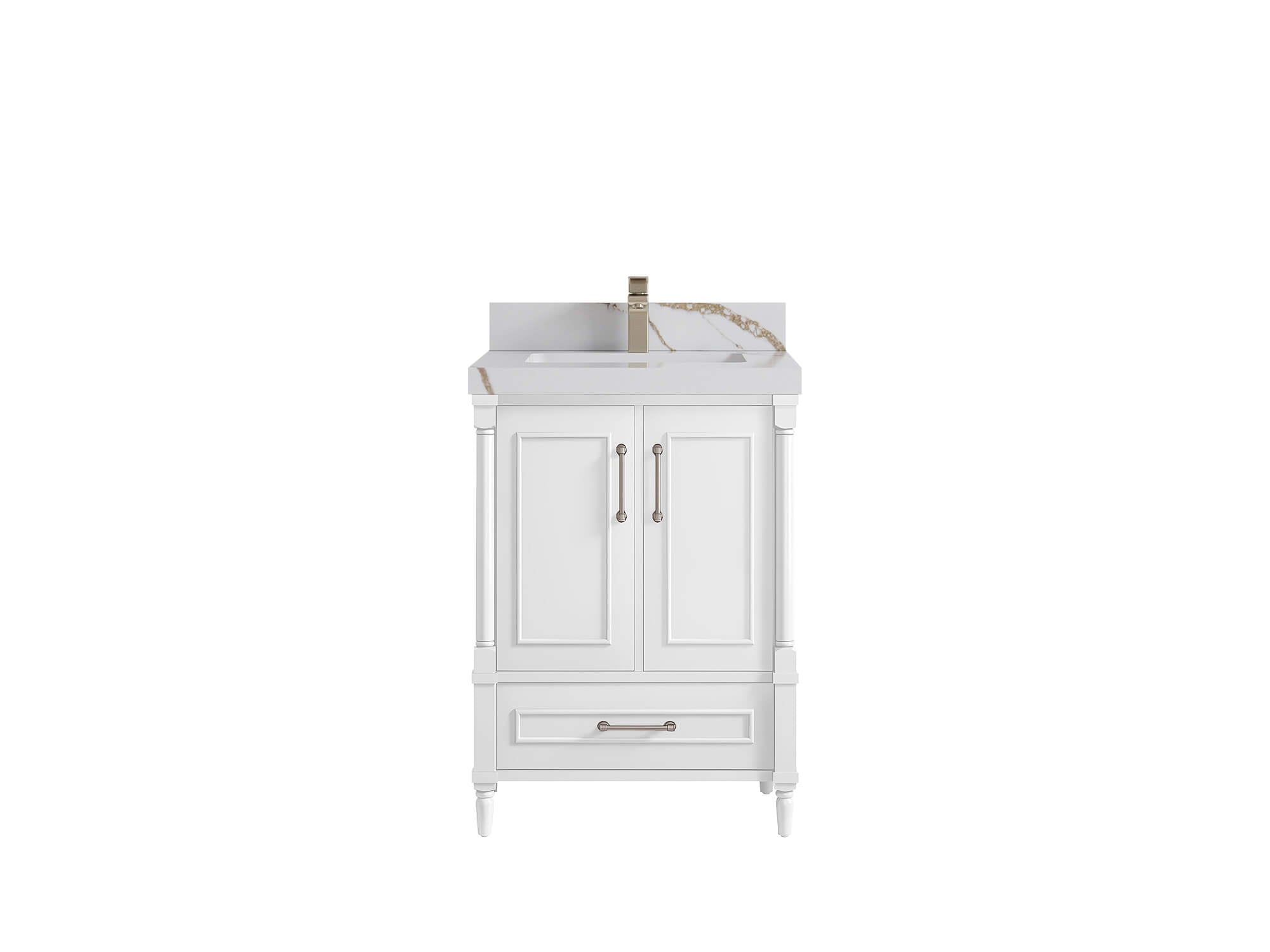 Aberdeen 24-inch bathroom vanity in White with Calacatta Gold Quartz countertop, faucet view