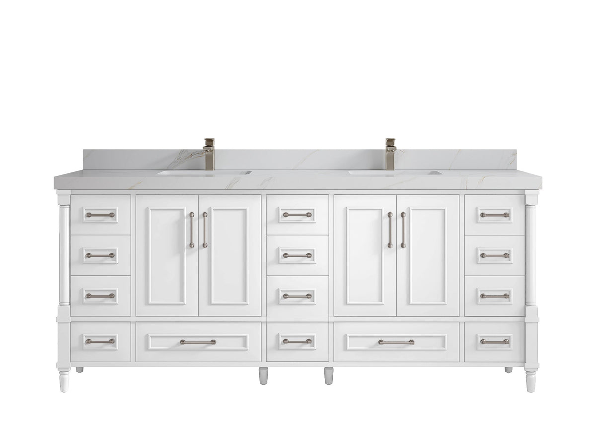 Aberdeen 80 in. W x 22 in. D Double Sink Bathroom Vanity in White with 2 in. Calacatta Sienna Quartz Countertop