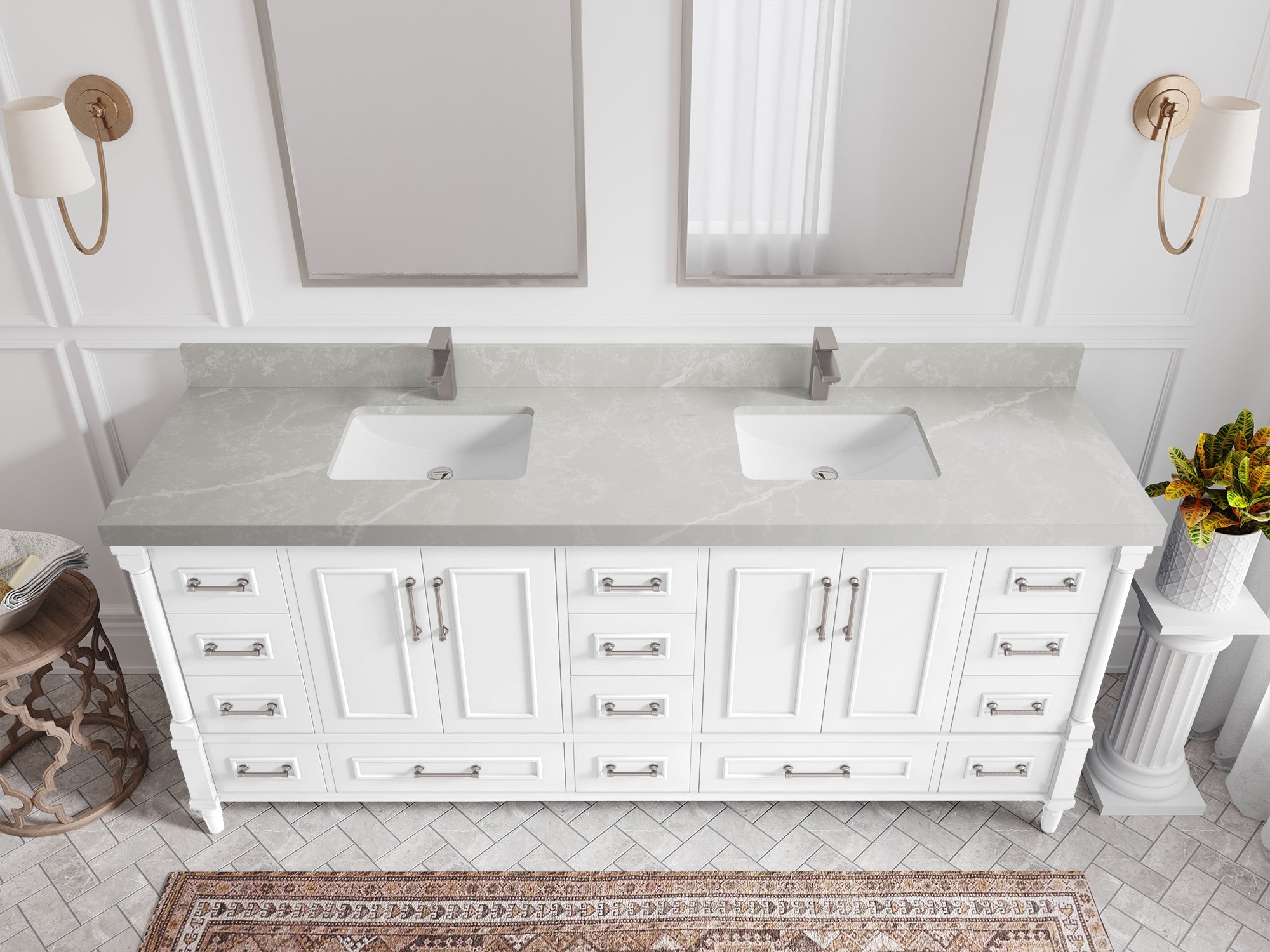 Aberdeen 80 in. W x 22 in. D Double Sink Bathroom Vanity in White with 2 in. Pearl Light Gray Quartz Countertop - Top View