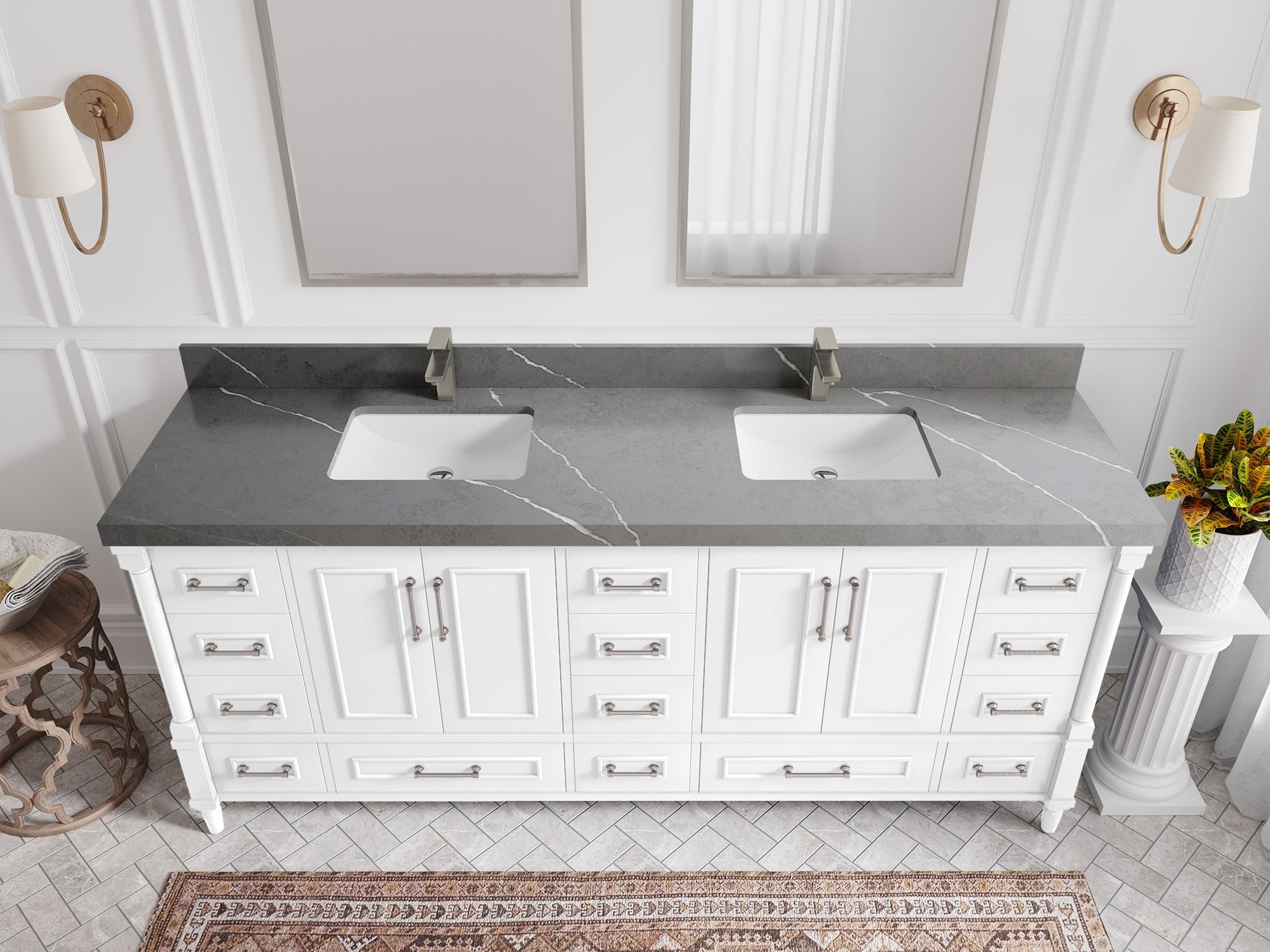 Aberdeen 80 in. W x 22 in. D Double Sink Bathroom Vanity in White with 2 in. Piatra Gray Quartz Countertop - Top View