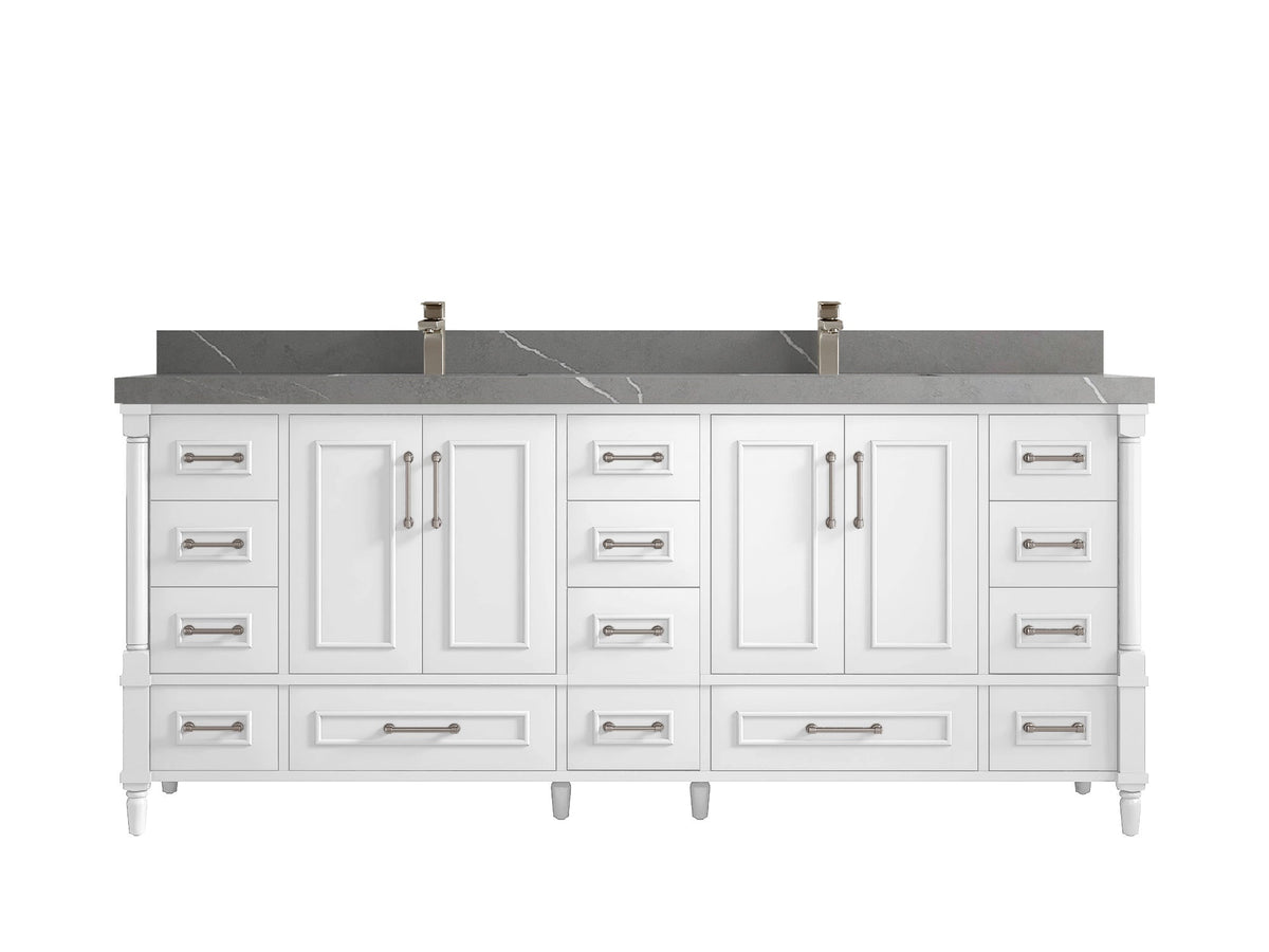 Aberdeen 80 in. W x 22 in. D Double Sink Bathroom Vanity in White with 2 in. Piatra Gray Quartz Countertop