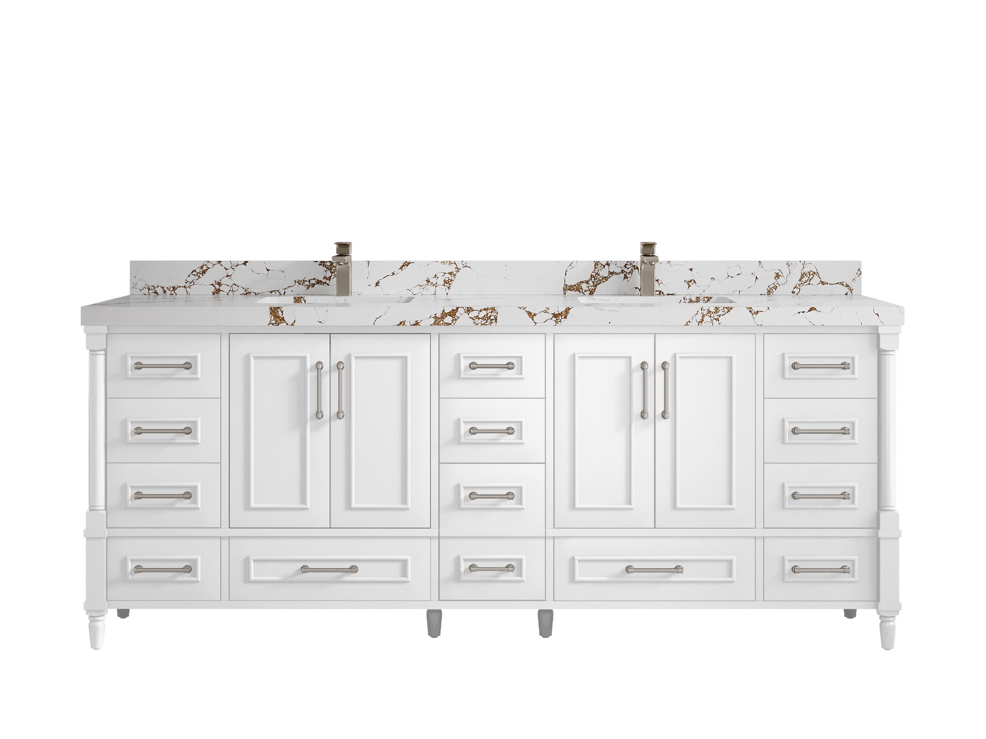 Aberdeen 84 in. W x 22 in. D double Sink Bathroom Vanity in White with 2 in Viola Brown Quartz Countertop