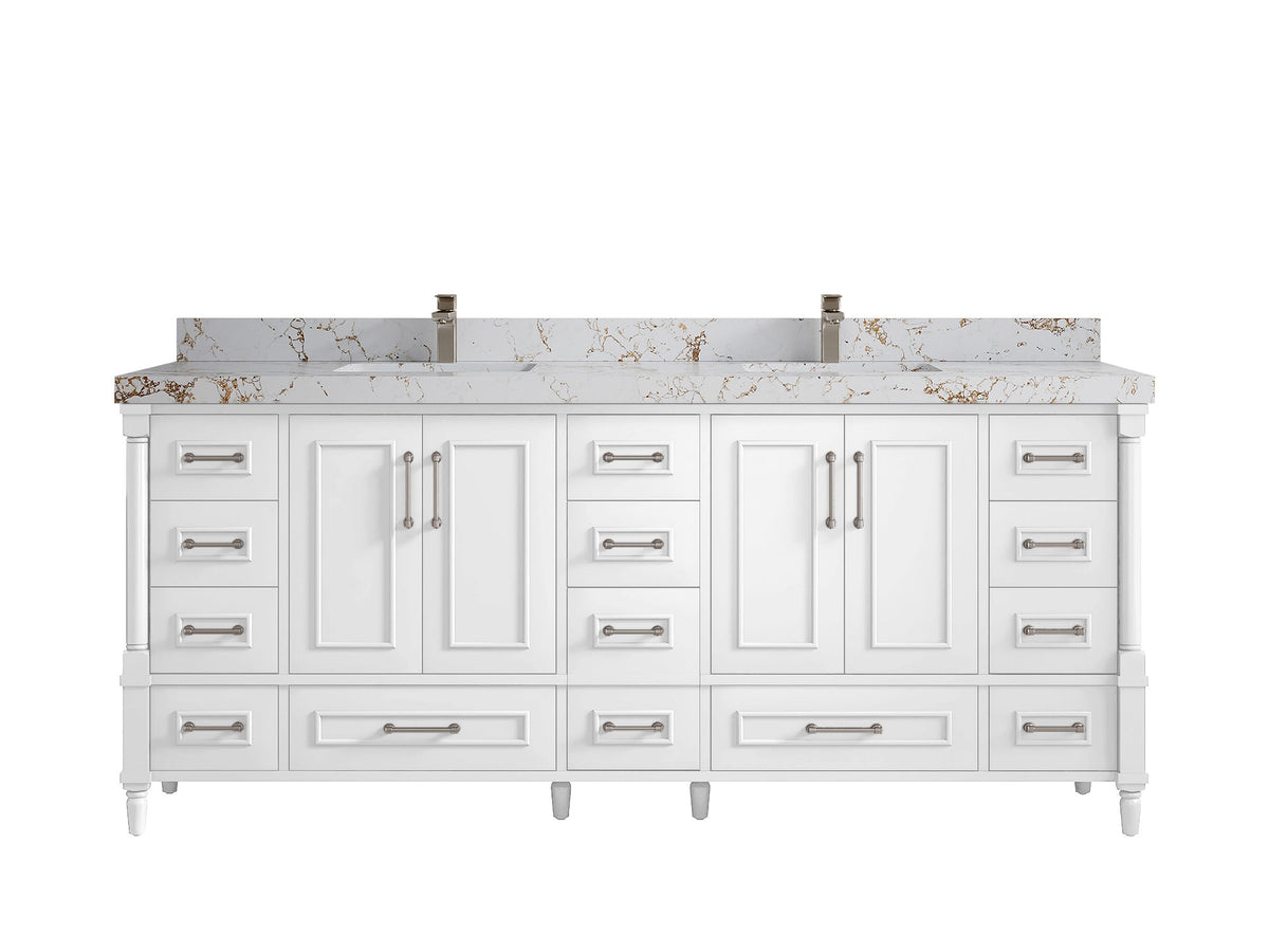 Aberdeen 80 in. W x 22 in. D Double Sink Bathroom Vanity in White with 2 in. Viola Gold Quartz Countertop