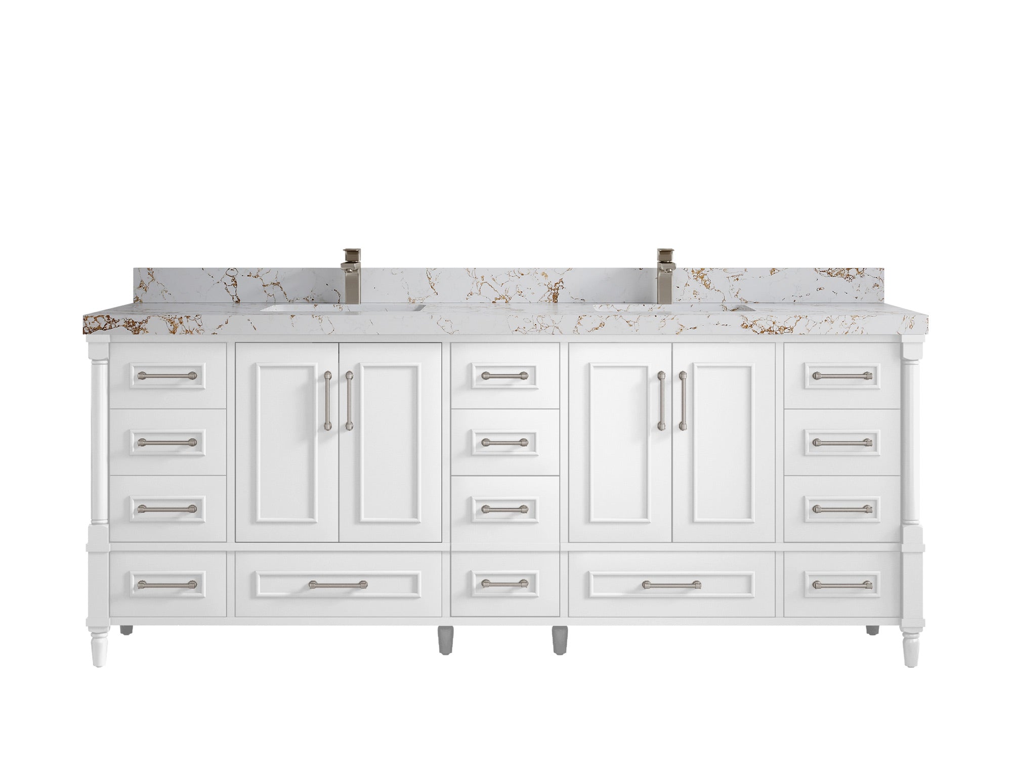 Aberdeen 84 in. W x 22 in. D double Sink Bathroom Vanity in White with 2 in Viola Gold Quartz Countertop