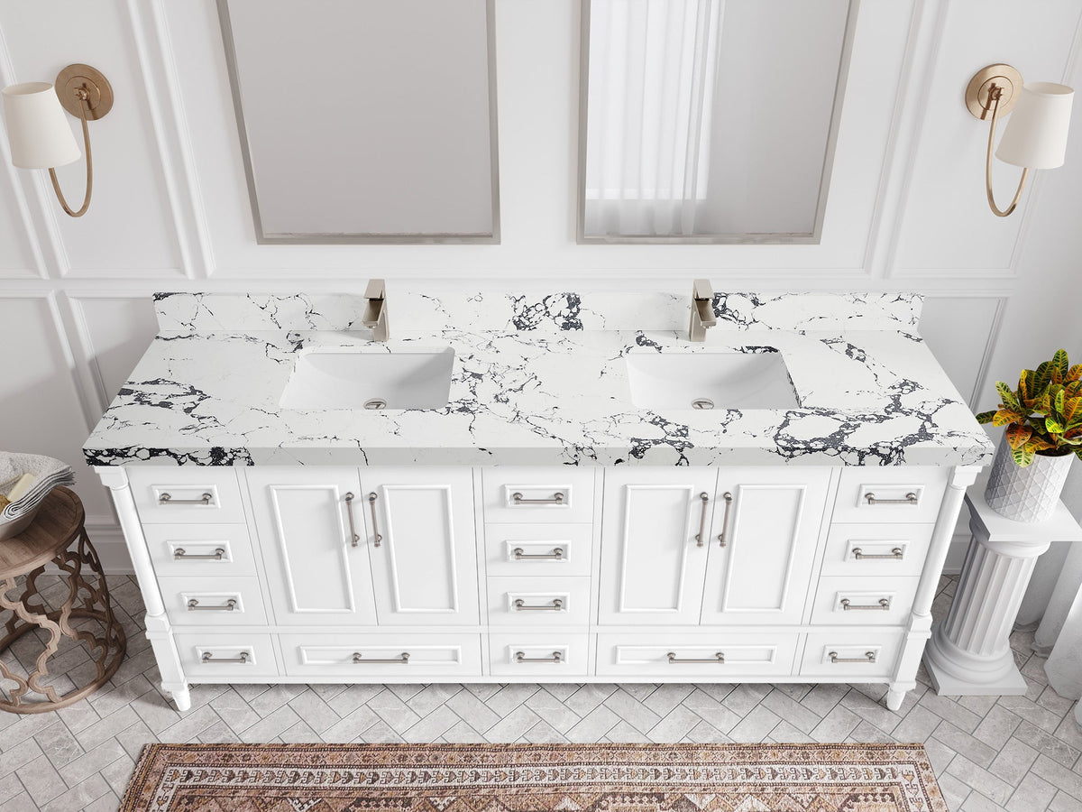 Aberdeen 80 in. W x 22 in. D Double Sink Bathroom Vanity in White with 2 in. Viola Night Quartz Countertop - Top View
