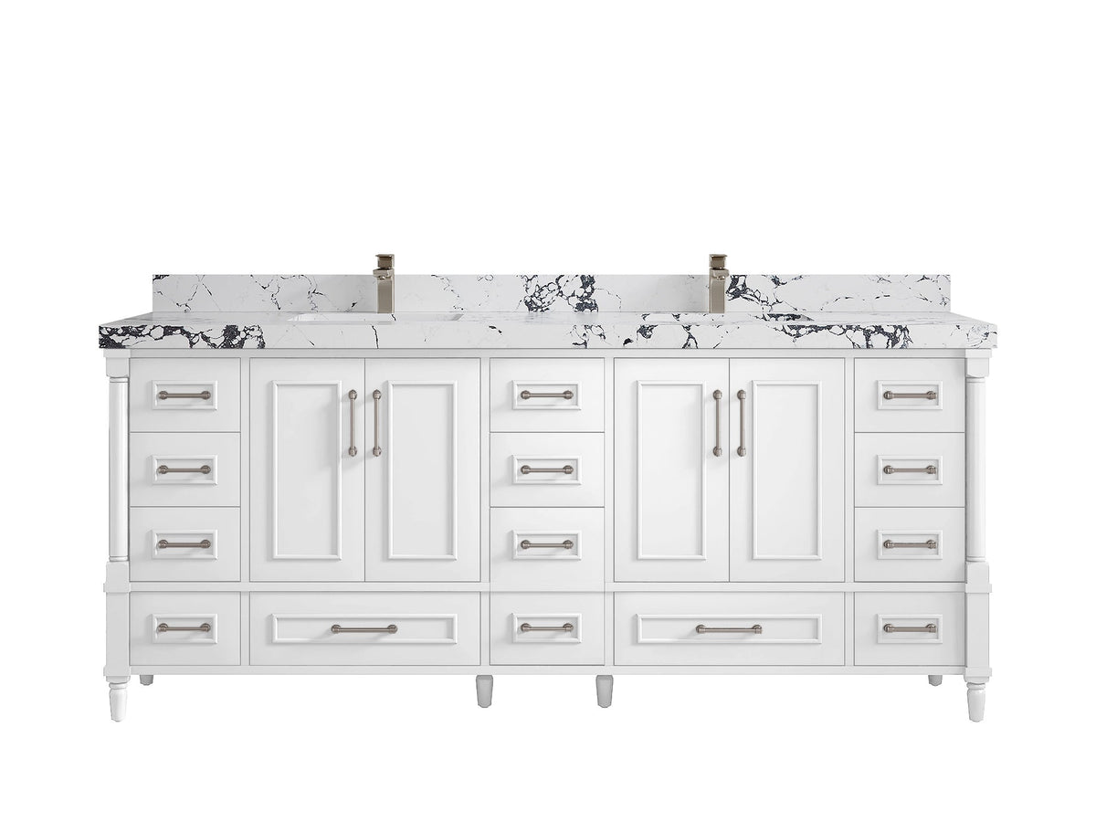 Aberdeen 80 in. W x 22 in. D Double Sink Bathroom Vanity in White with 2 in. Viola Night Quartz Countertop