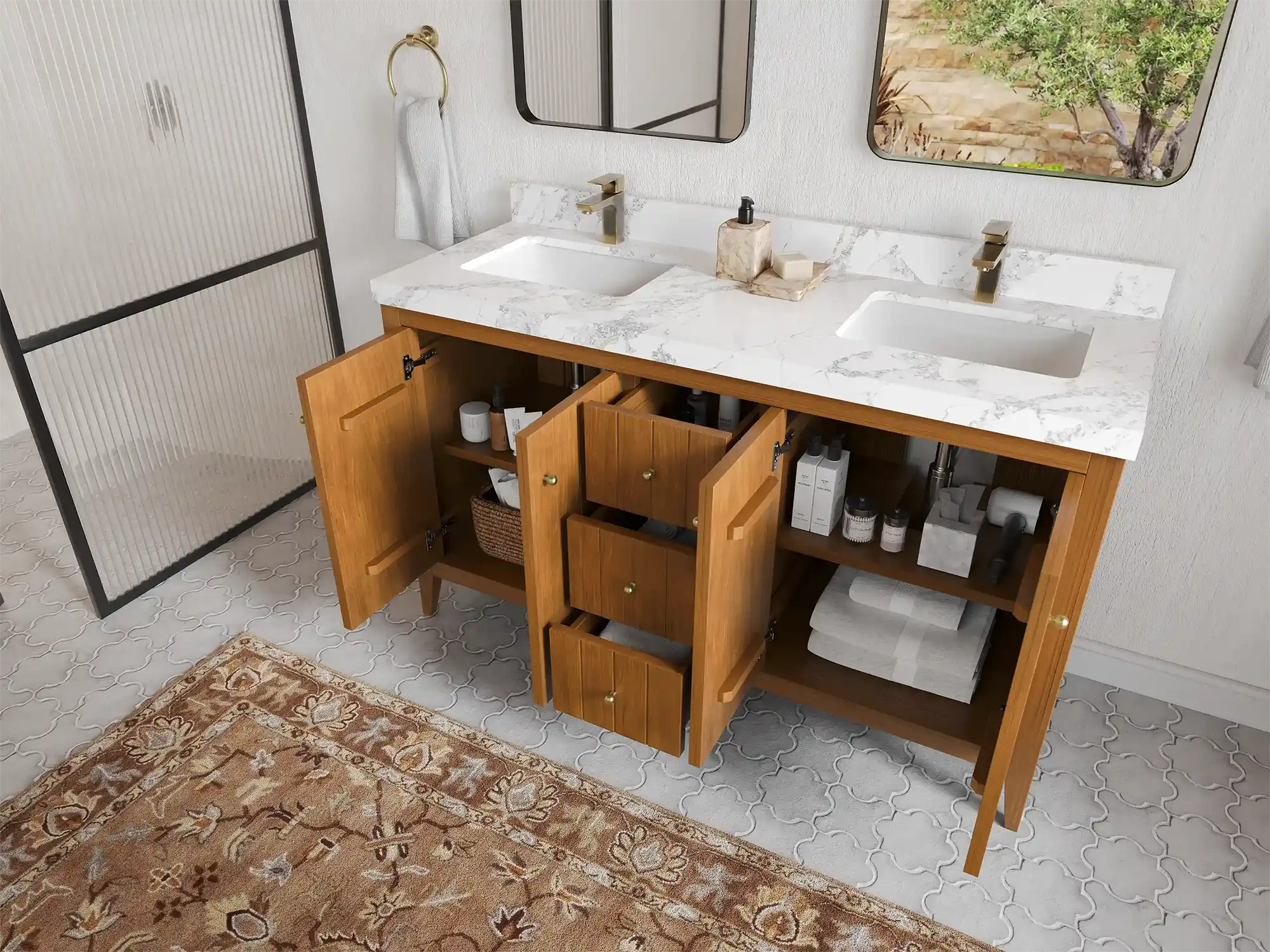 Atlanta Teak Wood 60 in. W x 22 in. D Double Sink Bathroom Vanity