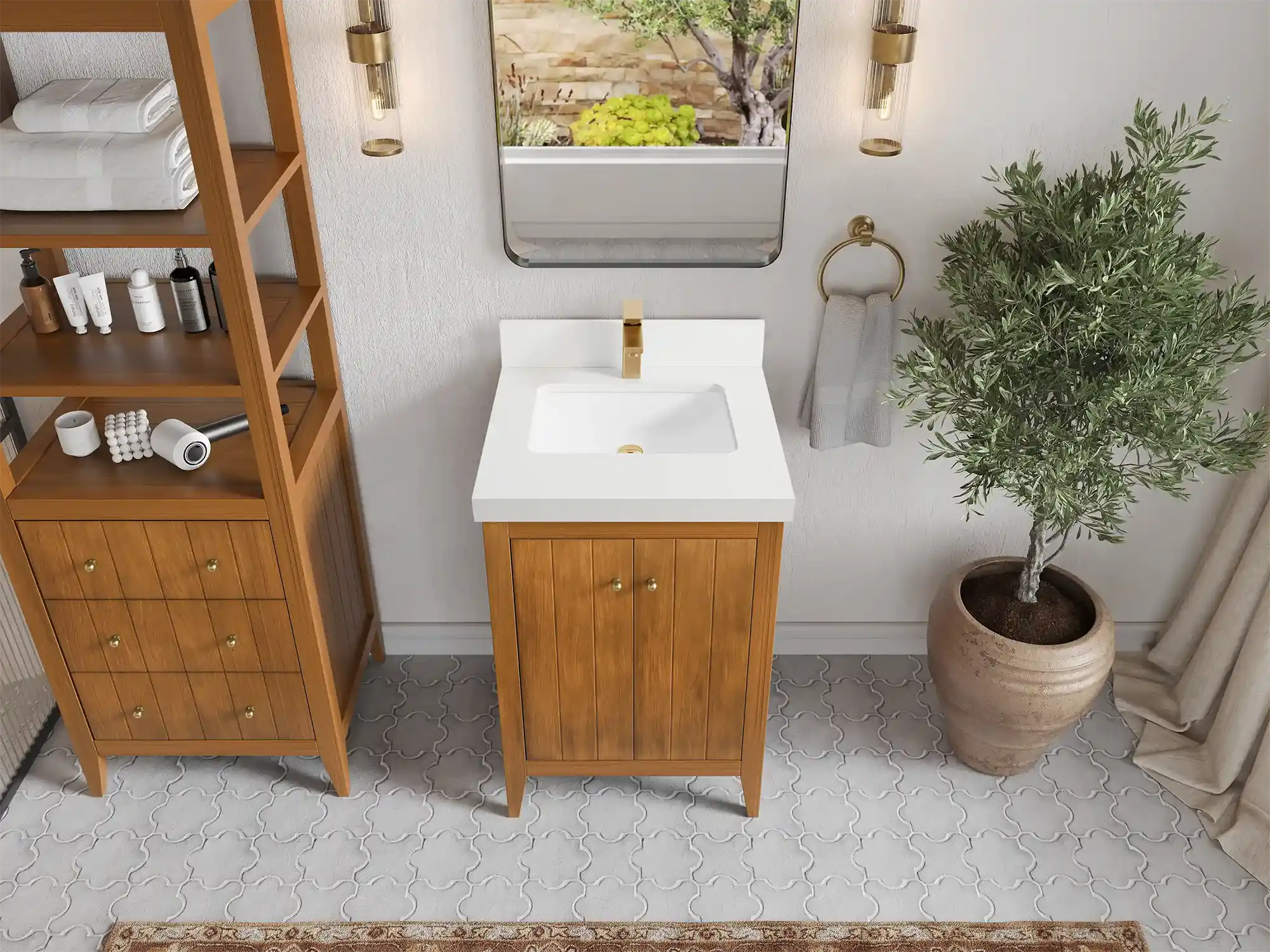 Atlanta Teak Wood 24-inch bathroom vanity in Dark Natural Teak with White Quartz countertop, top view