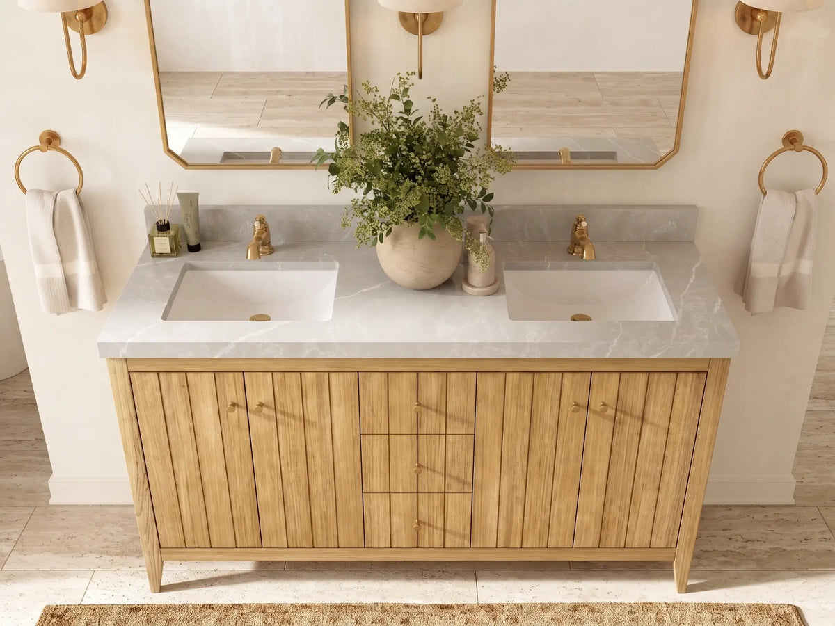 Atlanta Teak Wood 60 in. W x 22 in. D Double Sink Bathroom Vanity