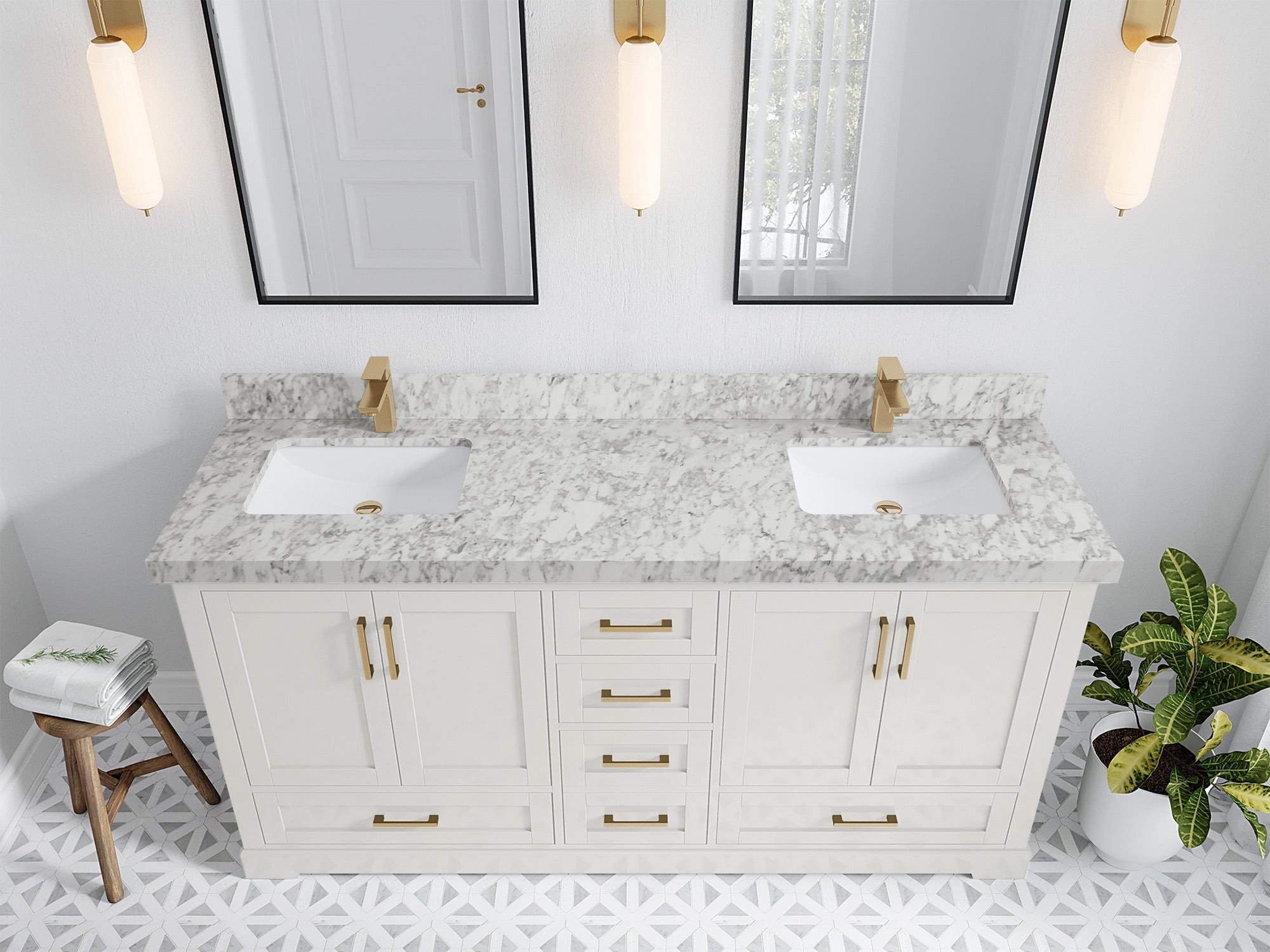 Boston 72 in. W x 22 in. D Double Sink Bathroom Vanity in Alabaster with 2 in Carrara Marble Countertop - Top View