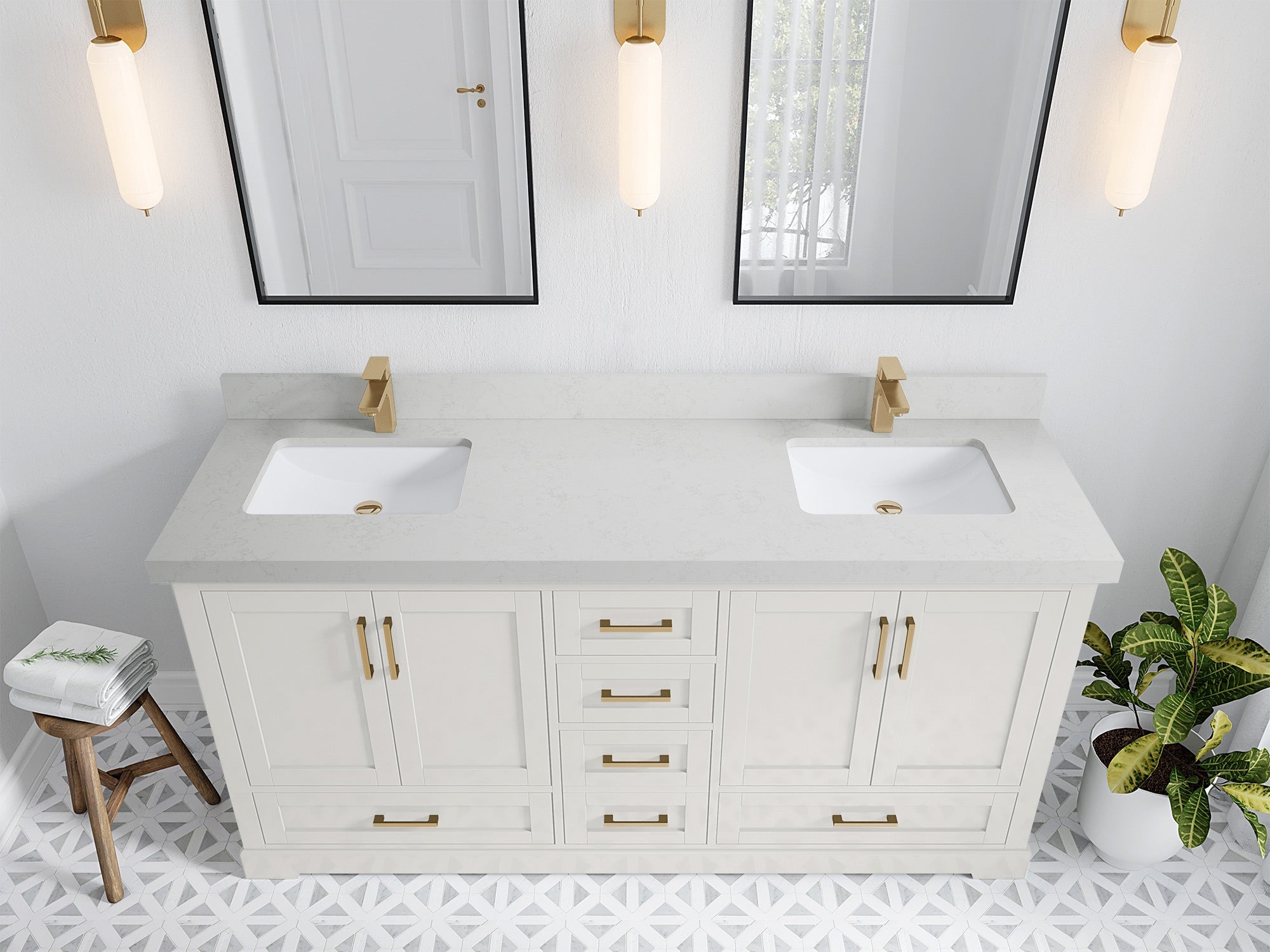 Boston 72 in. W x 22 in. D Double Sink Bathroom Vanity in Alabaster with 2 in Carrara Quartz Countertop - Top View