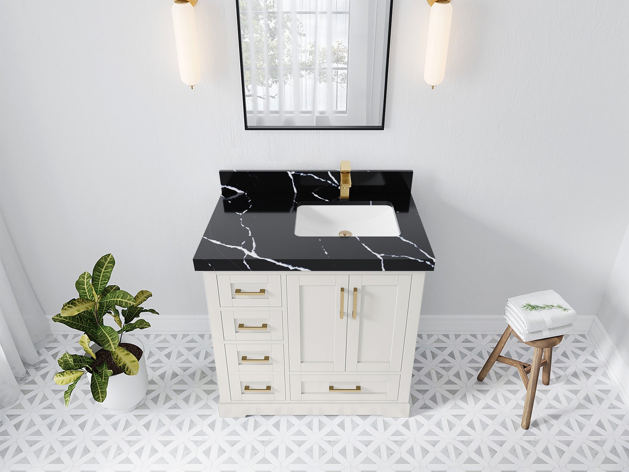 Boston 36 in. W x 22 in. D Single Sink Bathroom Vanity in Alabaster with 2 in Calacatta Black Quartz Countertop - Top View