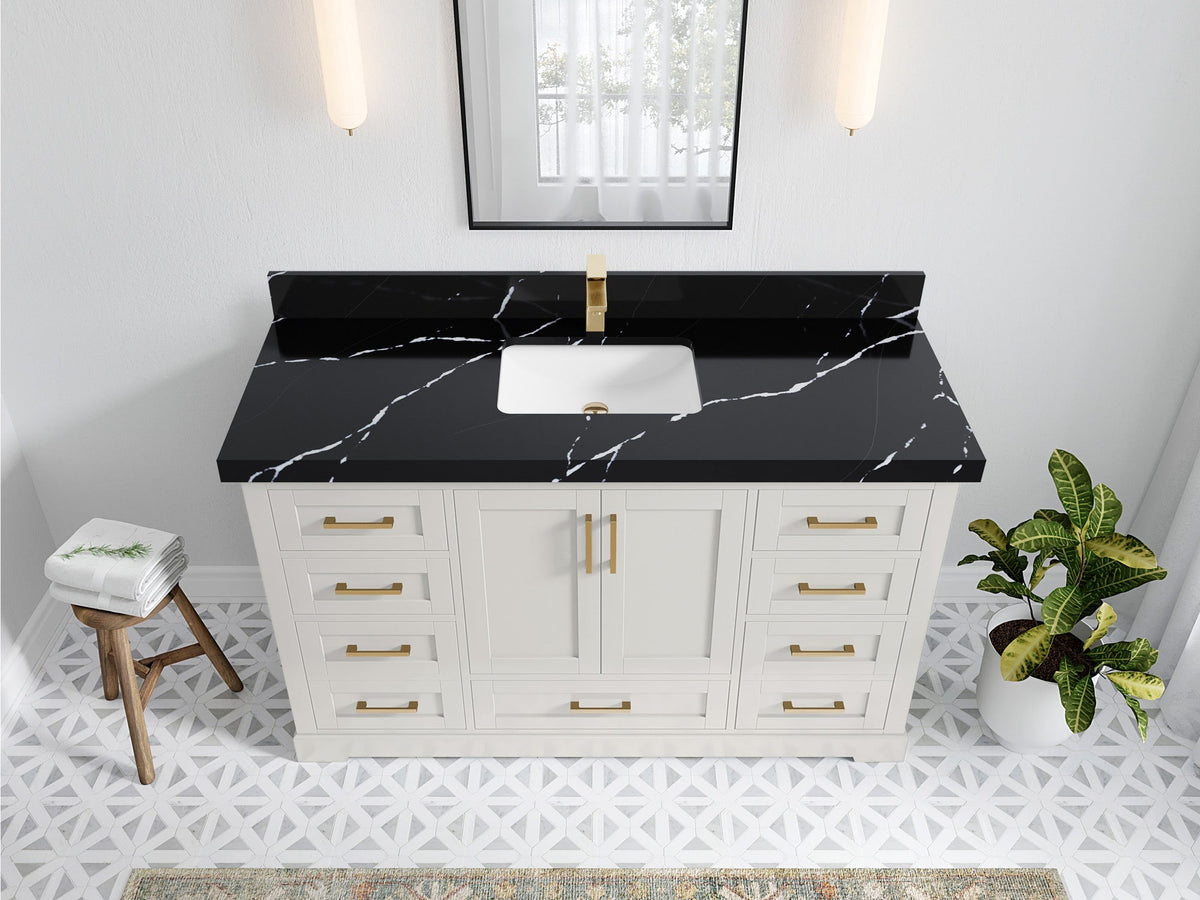 Boston 60 in. W x 22 in. D Single Sink Bathroom Vanity in Alabaster with 2 in Calacatta Black Quartz Countertop - Top View