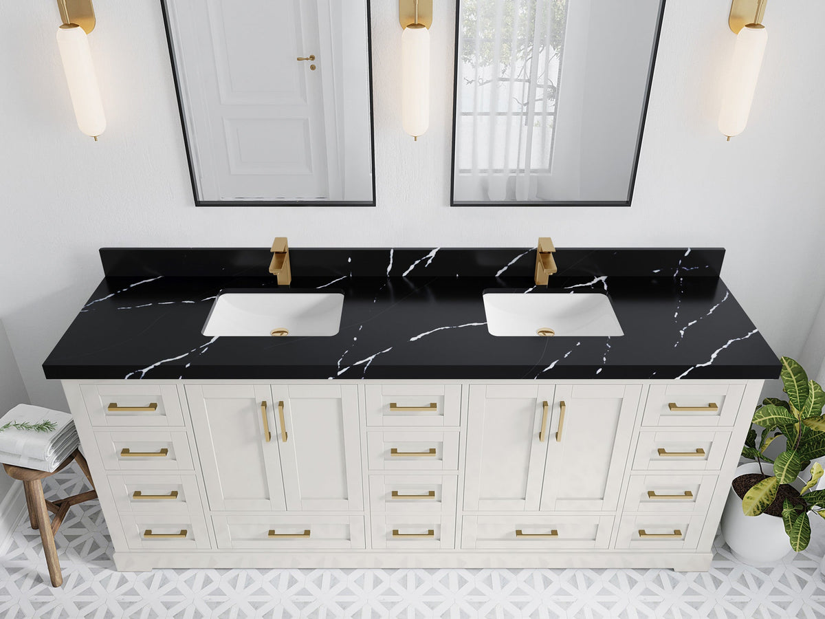 Boston 84 in. W x 22 in. D Double Sink Bathroom Vanity in Alabaster with 2 in Calacatta Black Quartz Countertop - Top View