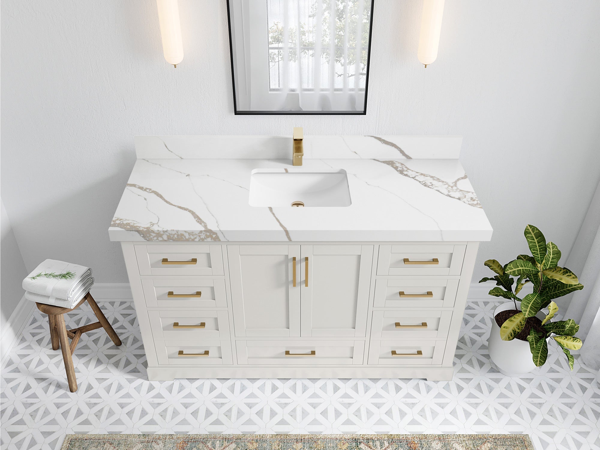 Boston 60 in. W x 22 in. D Single Sink Bathroom Vanity in Alabaster with 2 in Calacatta Gold Quartz Countertop - Top View