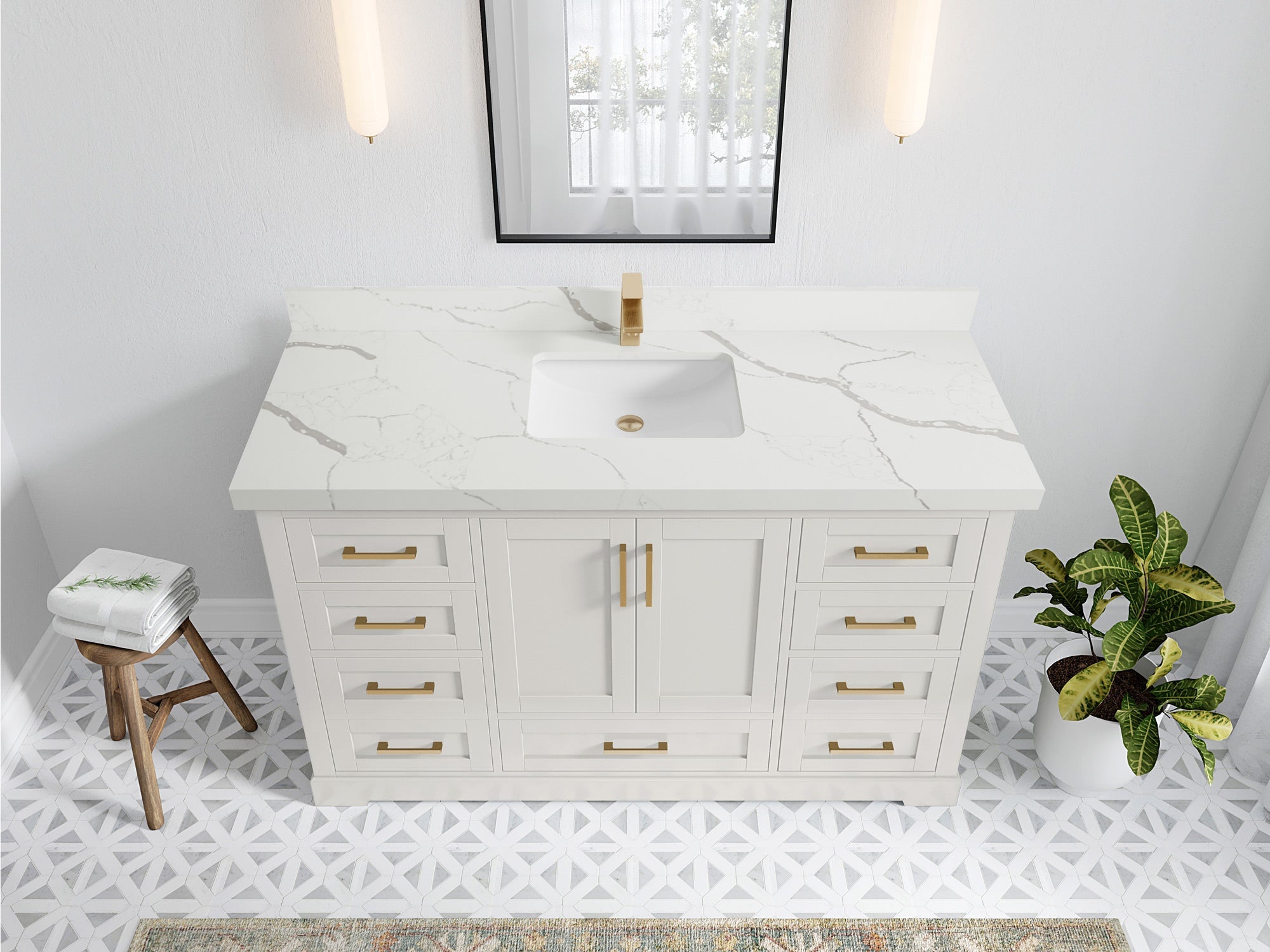 Boston 60 in. W x 22 in. D Single Sink Bathroom Vanity in Alabaster with 2 in Calacatta Laza Quartz Countertop - Top View