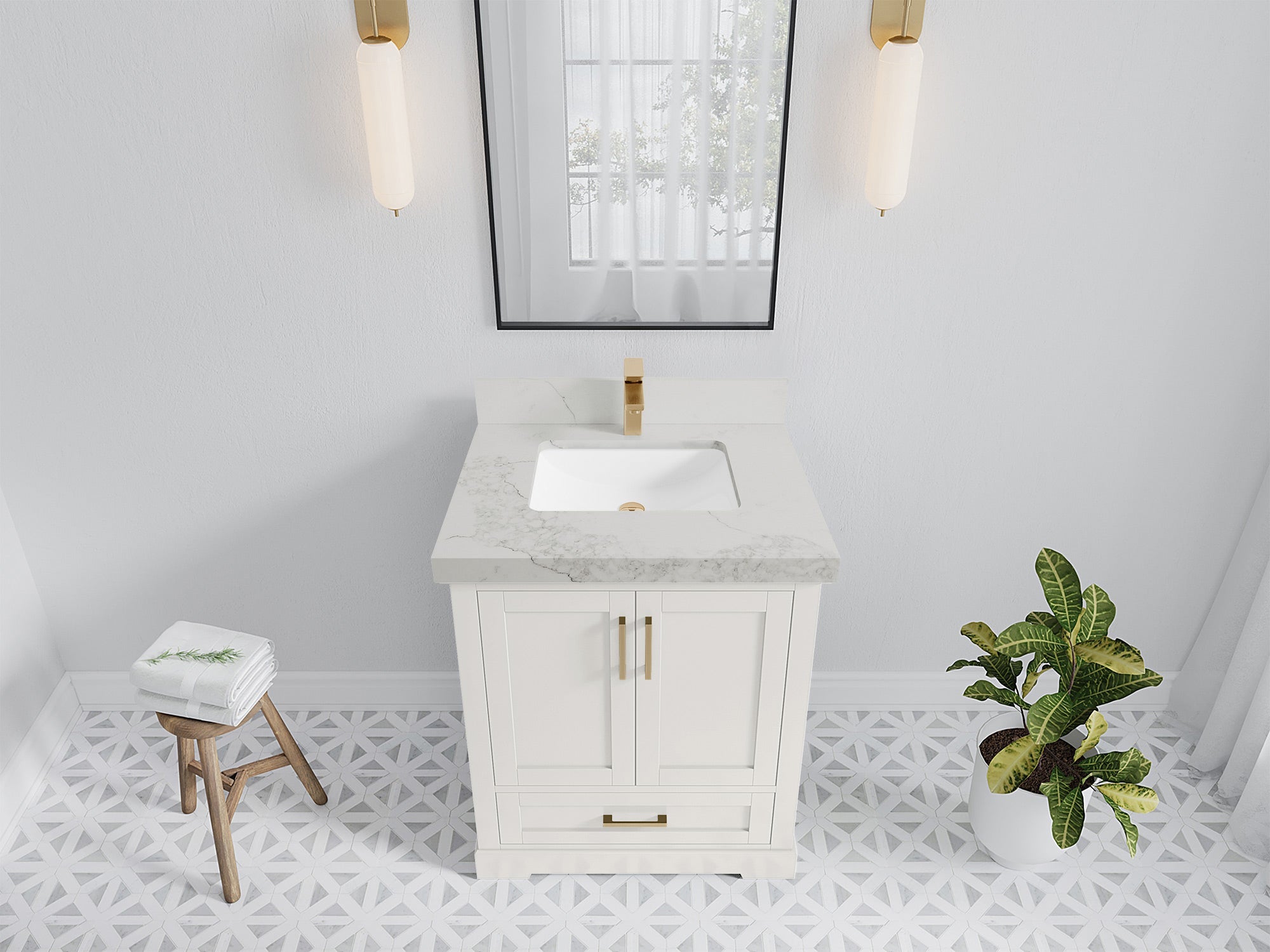 Boston 30 in. W x 22 in. D Single Sink Bathroom Vanity in Alabaster with 2 in Calacatta Nuvo Quartz Countertop - Top View