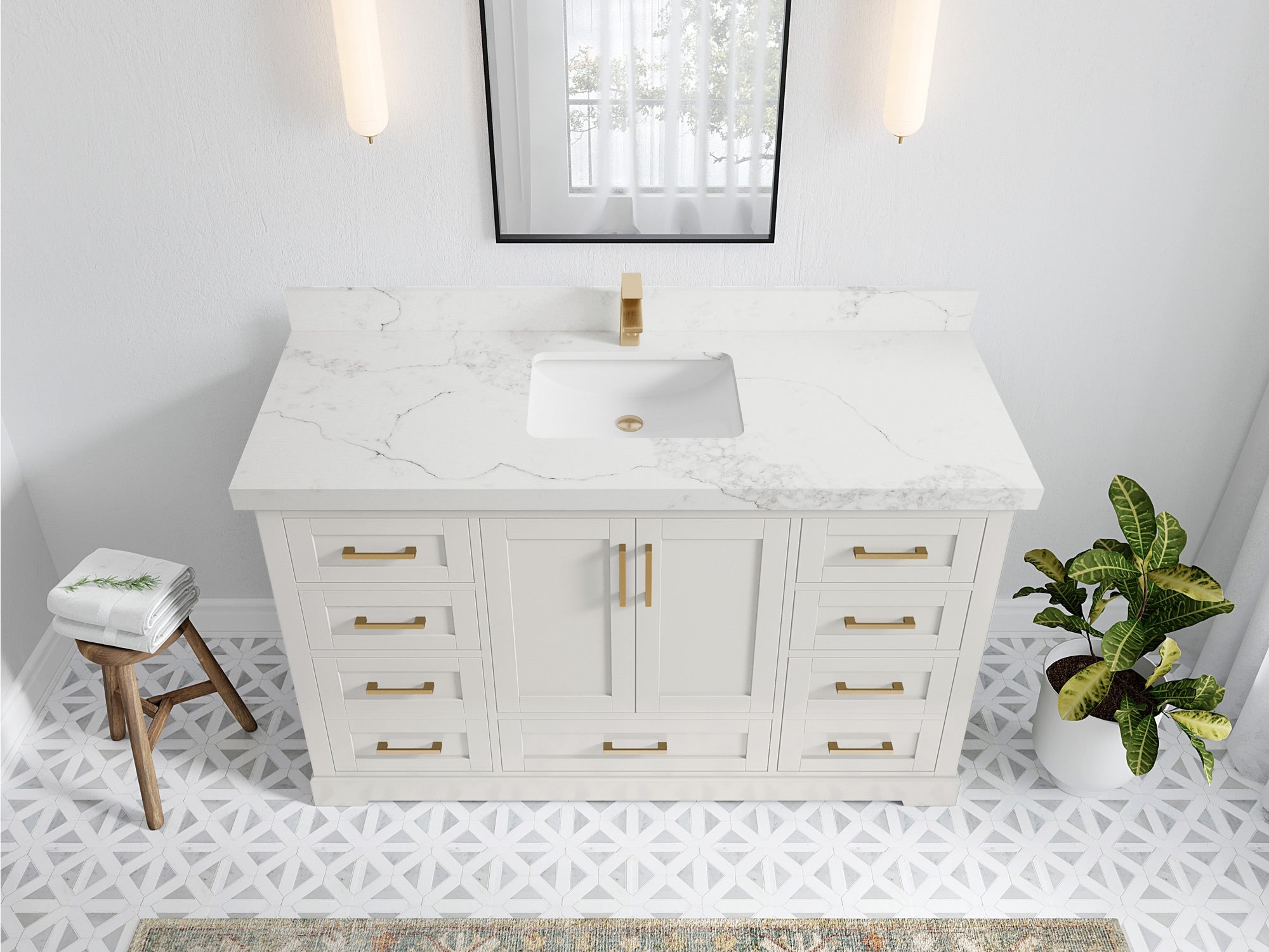 Boston 60 in. W x 22 in. D Single Sink Bathroom Vanity in Alabaster with 2 in Calacatta Nuvo Quartz Countertop - Top View