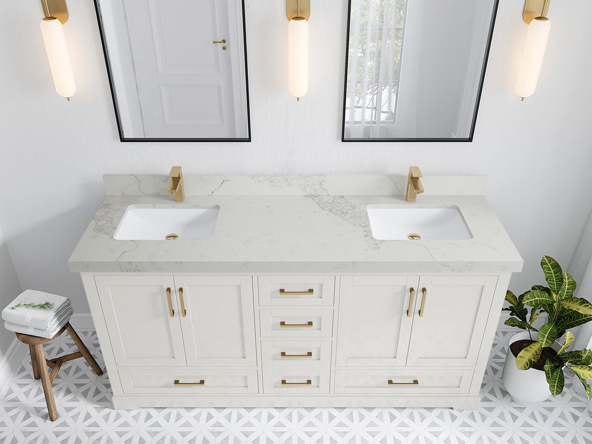 Boston 72 in. W x 22 in. D Double Sink Bathroom Vanity in Alabaster with 2 in Calacatta Nuvo Quartz Countertop - Top View